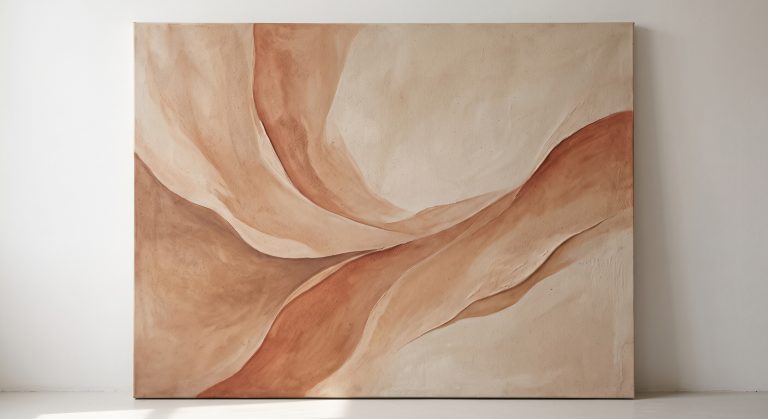 Organic modern abstract artwork with soft flowing curved forms in sand and clay tones
