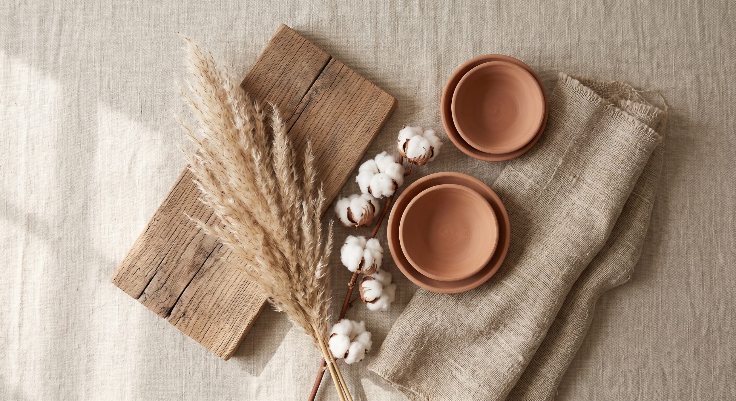 Flat lay of natural materials: raw linen, raw wood, dried grasses and unglazed ceramic