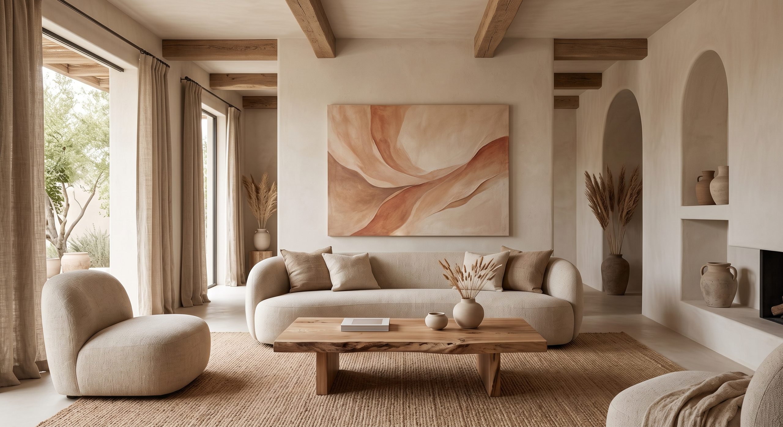 Organic modern living room with curved furniture, natural wood, linen textiles and a soft organic abstract artwork