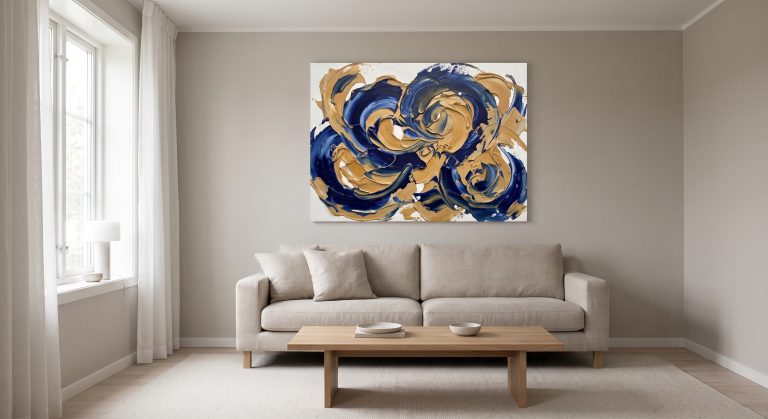 Living room where a single bold textured abstract artwork above the sofa clearly acts as the room's focal point