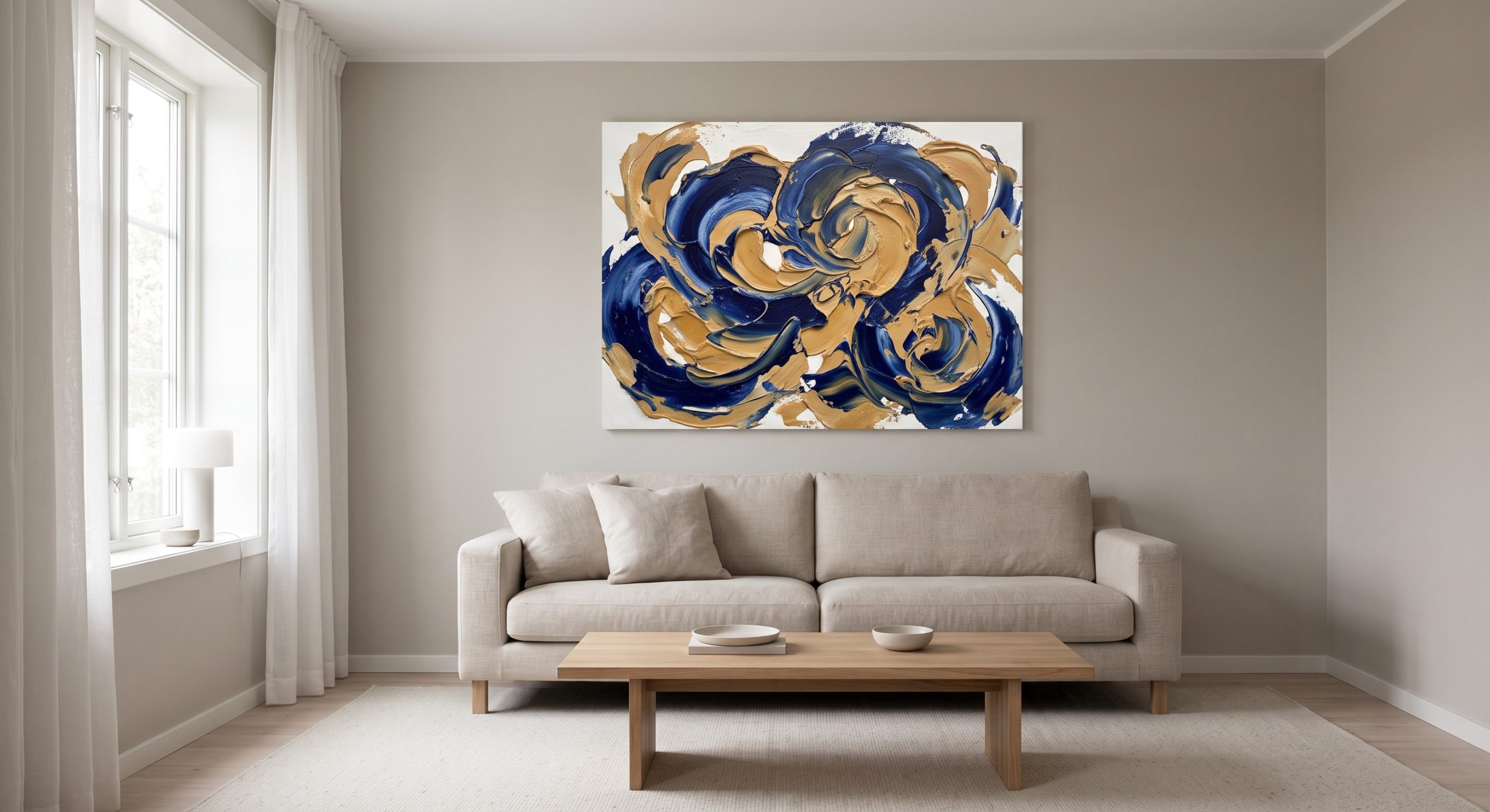 Living room where a single bold textured abstract artwork above the sofa clearly acts as the room's focal point