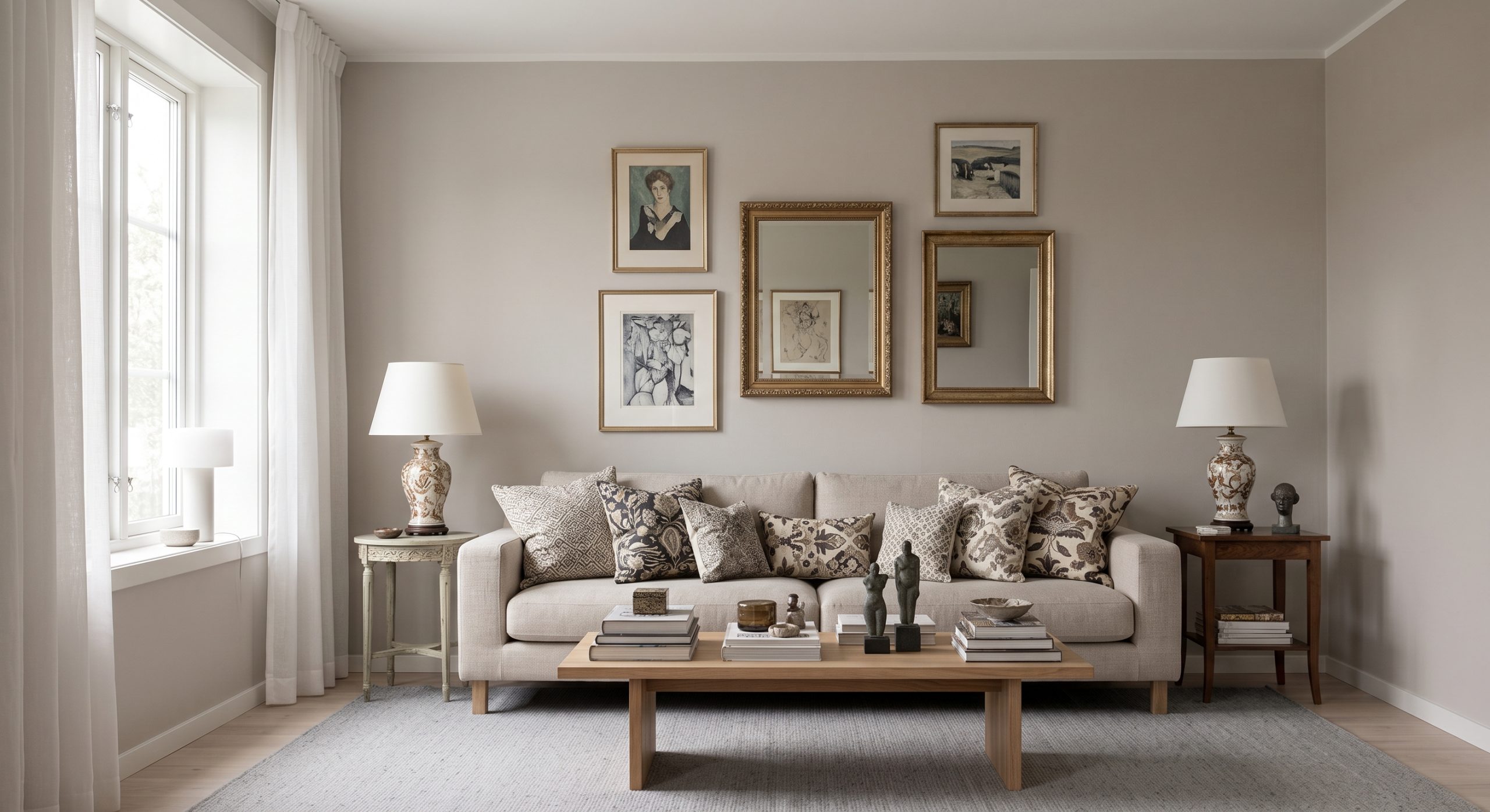 Living room with several competing decorative elements and no clear focal point
