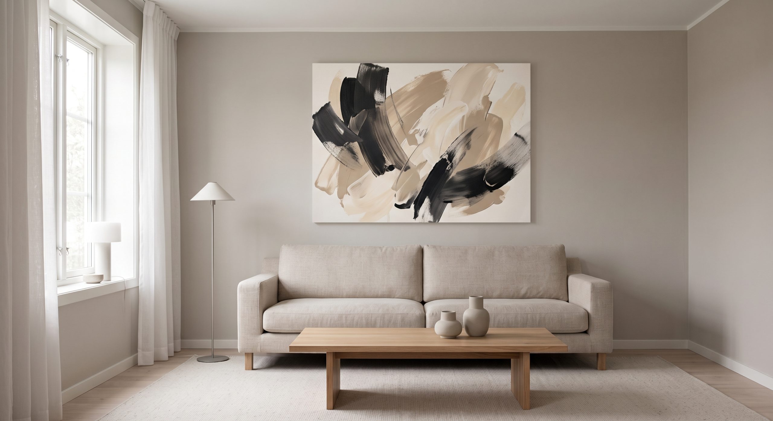 The same living room simplified, with one confident artwork as the clear focal point