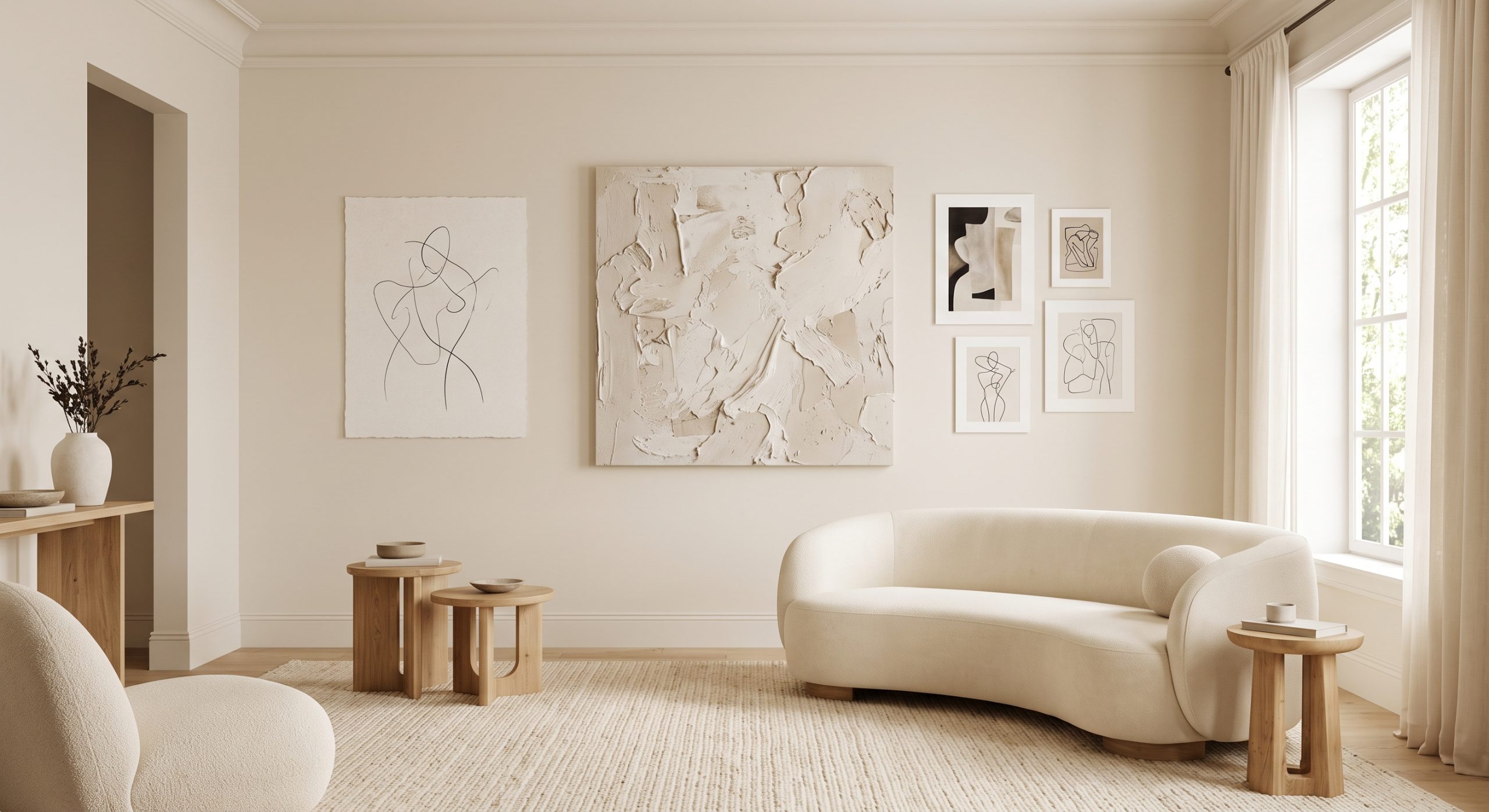 Elegant neutral living room with a textured abstract piece, a fine line drawing and a small gallery cluster