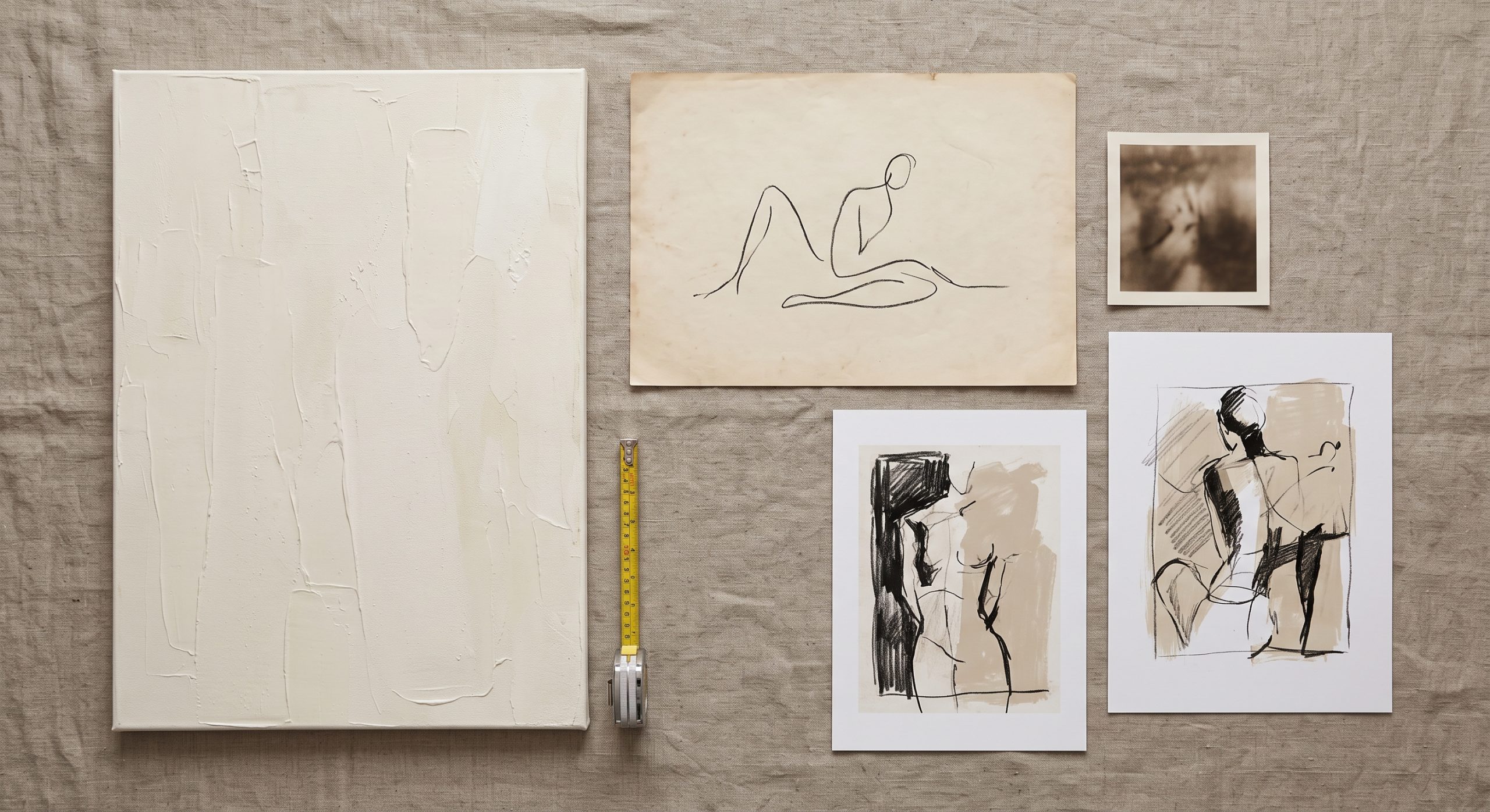 Flat lay of several different unframed artworks spread out for comparison with a tape measure alongside