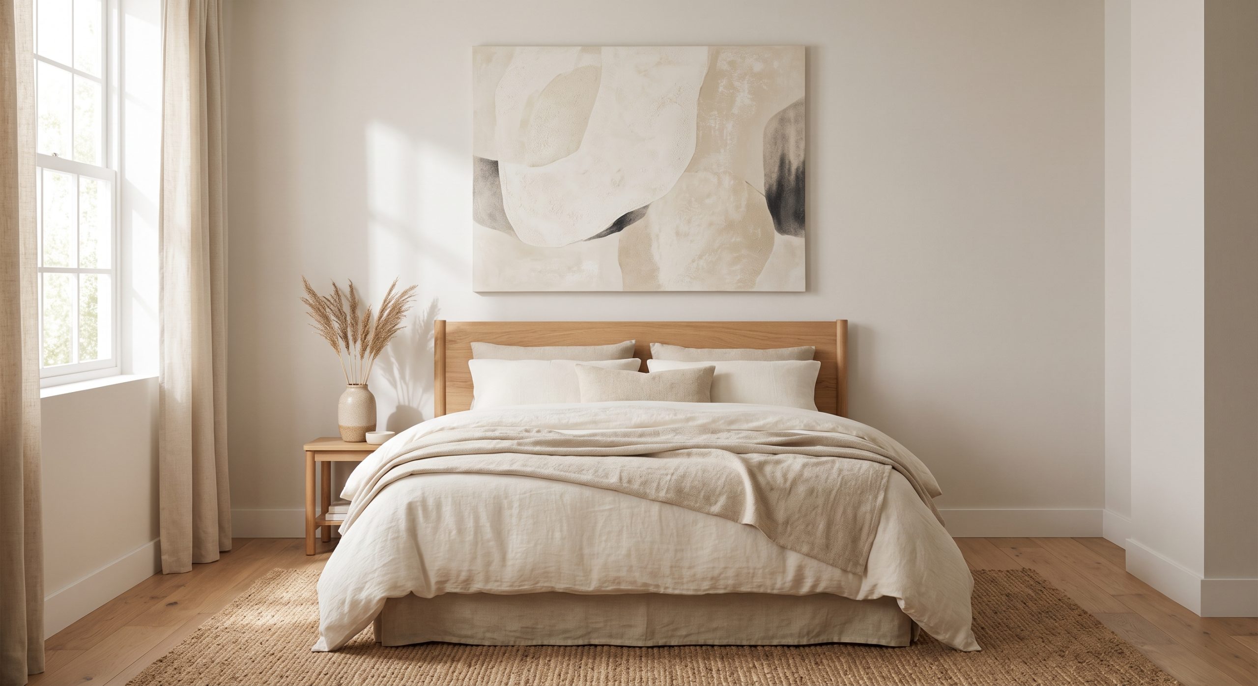 Calm, considered bedroom with a single well-scaled artwork above the bed and natural materials