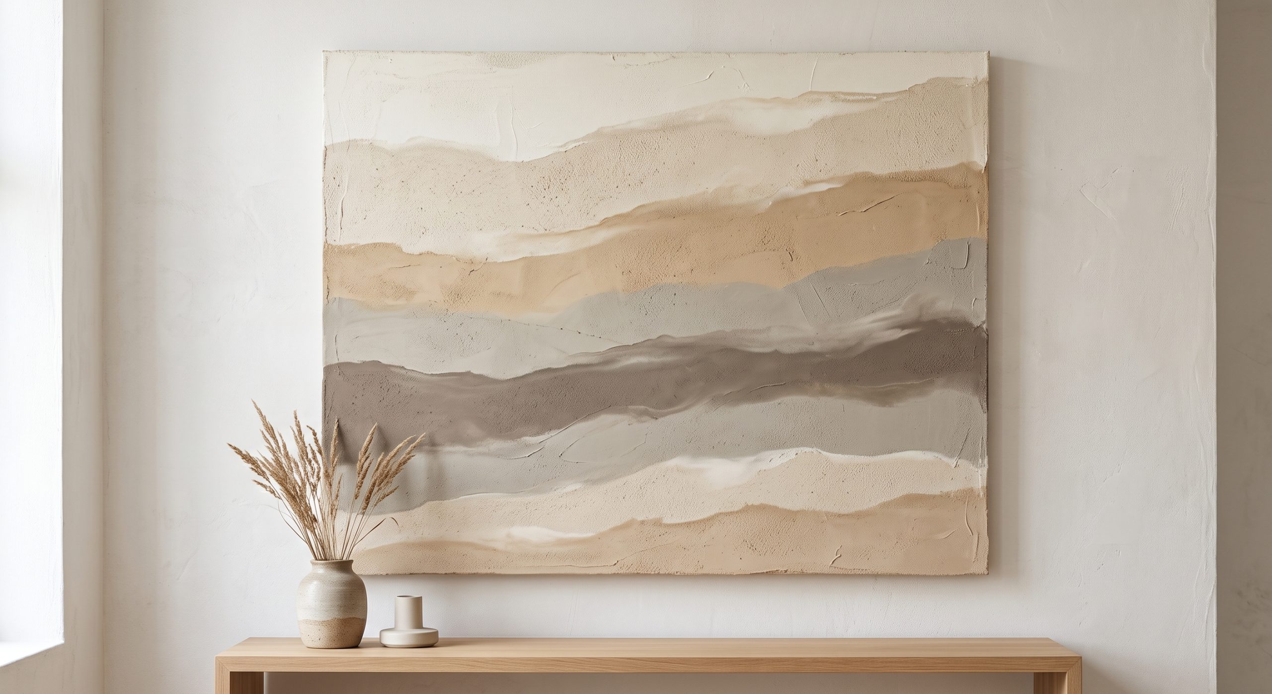 Abstract artwork of layered horizontal bands in ivory, oatmeal, sand, greige and taupe