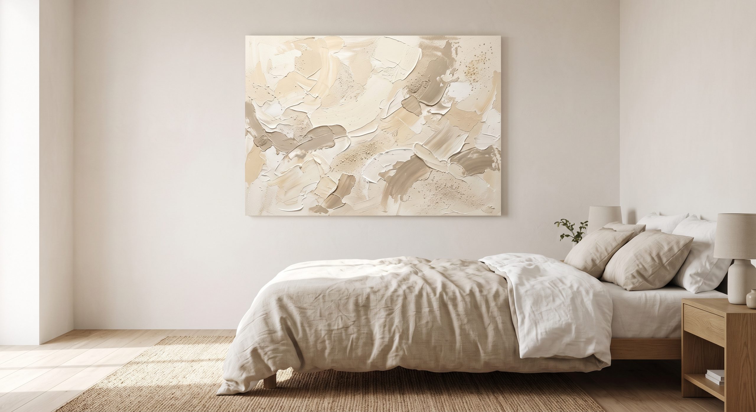 Calm neutral bedroom with a large textured abstract artwork centred above a low linen bed
