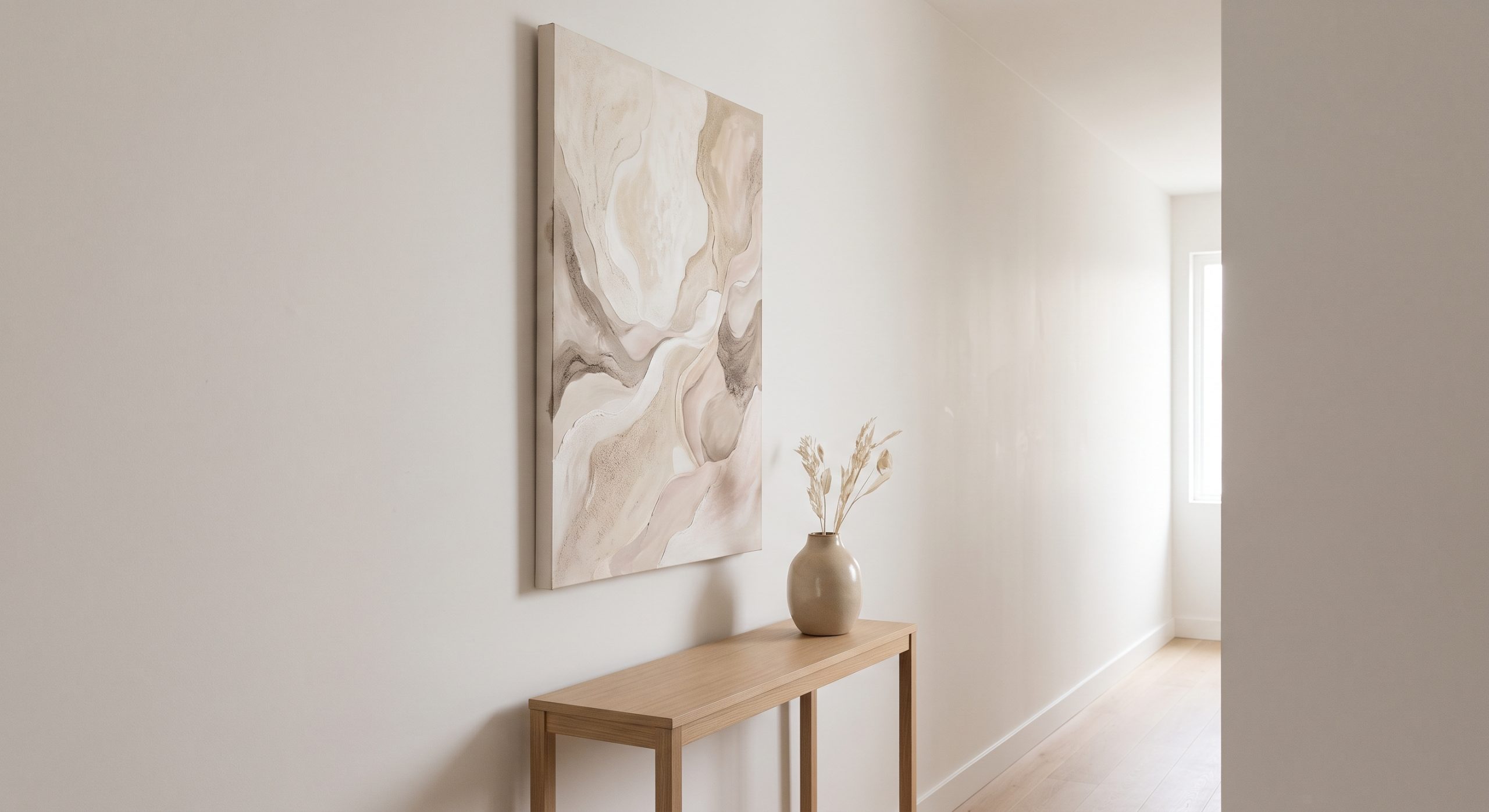 Narrow hallway with a tall vertical abstract artwork above a slim console table