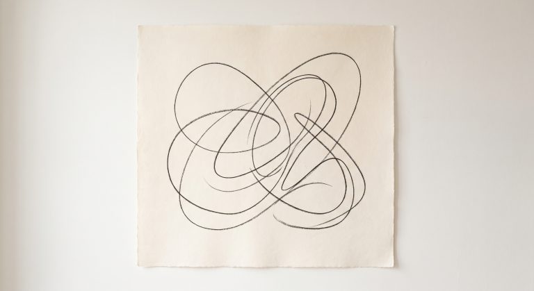 Abstract line art with fluid overlapping charcoal lines forming interlocking soft curves on ivory paper