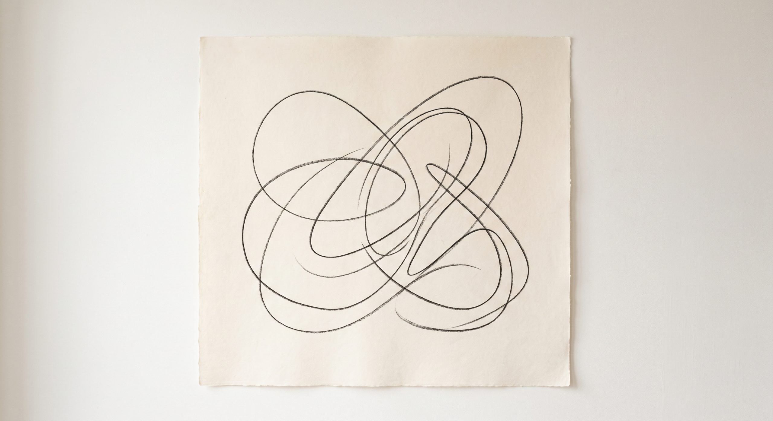 Abstract line art with fluid overlapping charcoal lines forming interlocking soft curves on ivory paper