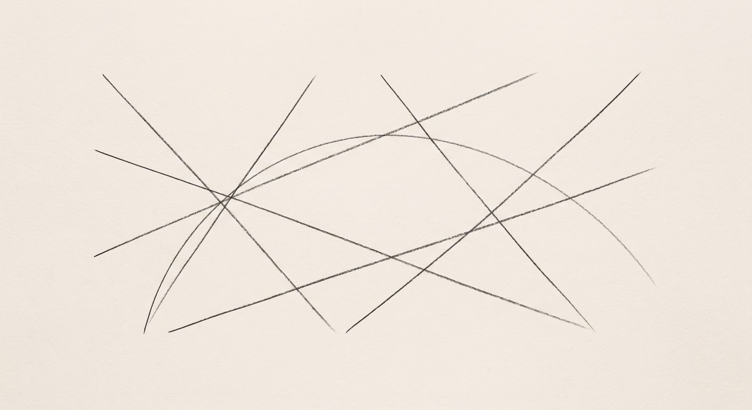 Abstract line art of fine straight charcoal lines crossing at calm angles with one gentle arc