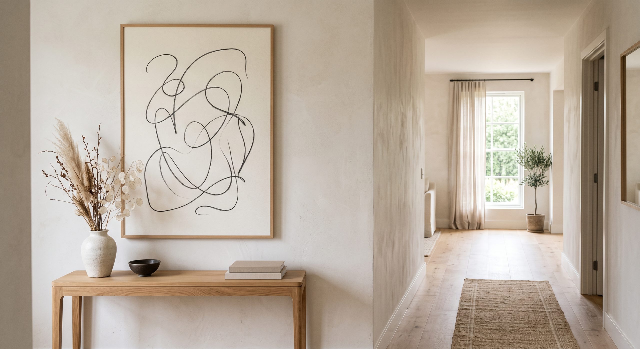 Calm neutral hallway with a large abstract line art piece above a slim oak console