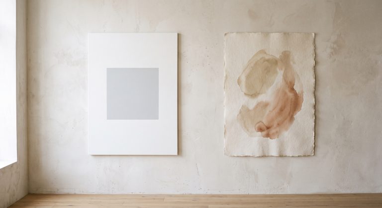 A crisp minimalist grey square beside a warm Japandi organic form on textured paper