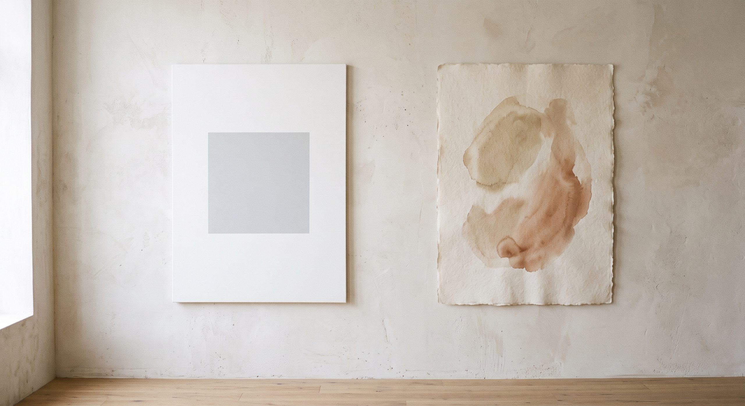 A crisp minimalist grey square beside a warm Japandi organic form on textured paper