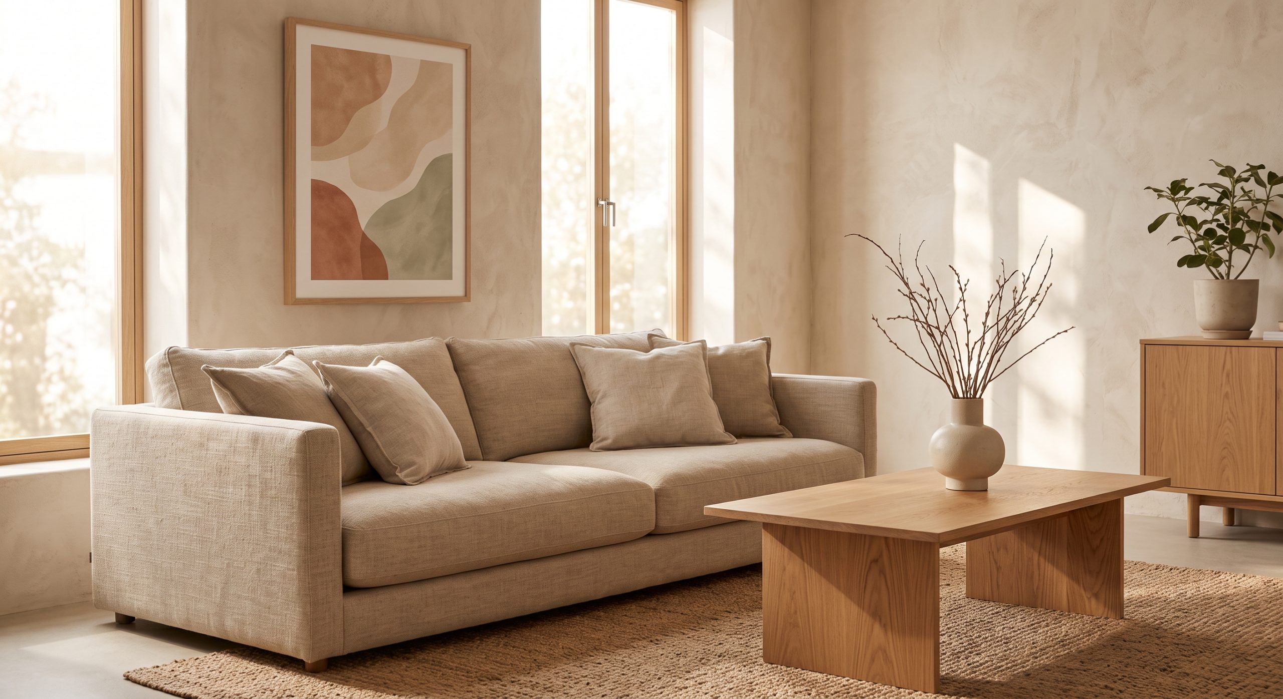 Warm Japandi interior with oak furniture, a linen sofa, a ceramic vase and a soft organic abstract artwork