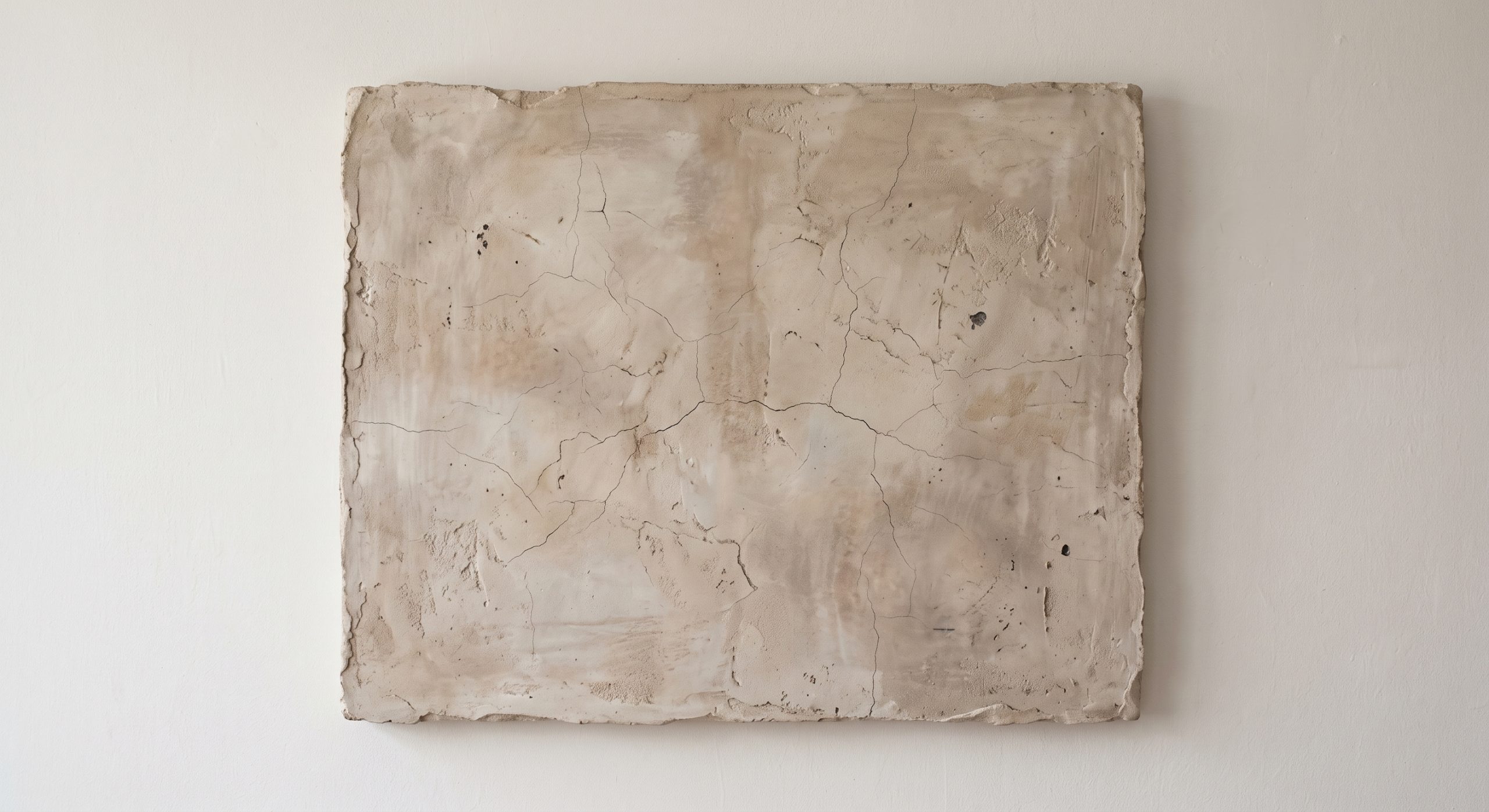 Wabi-sabi inspired abstract artwork with an aged clay-toned plaster surface and hairline cracks