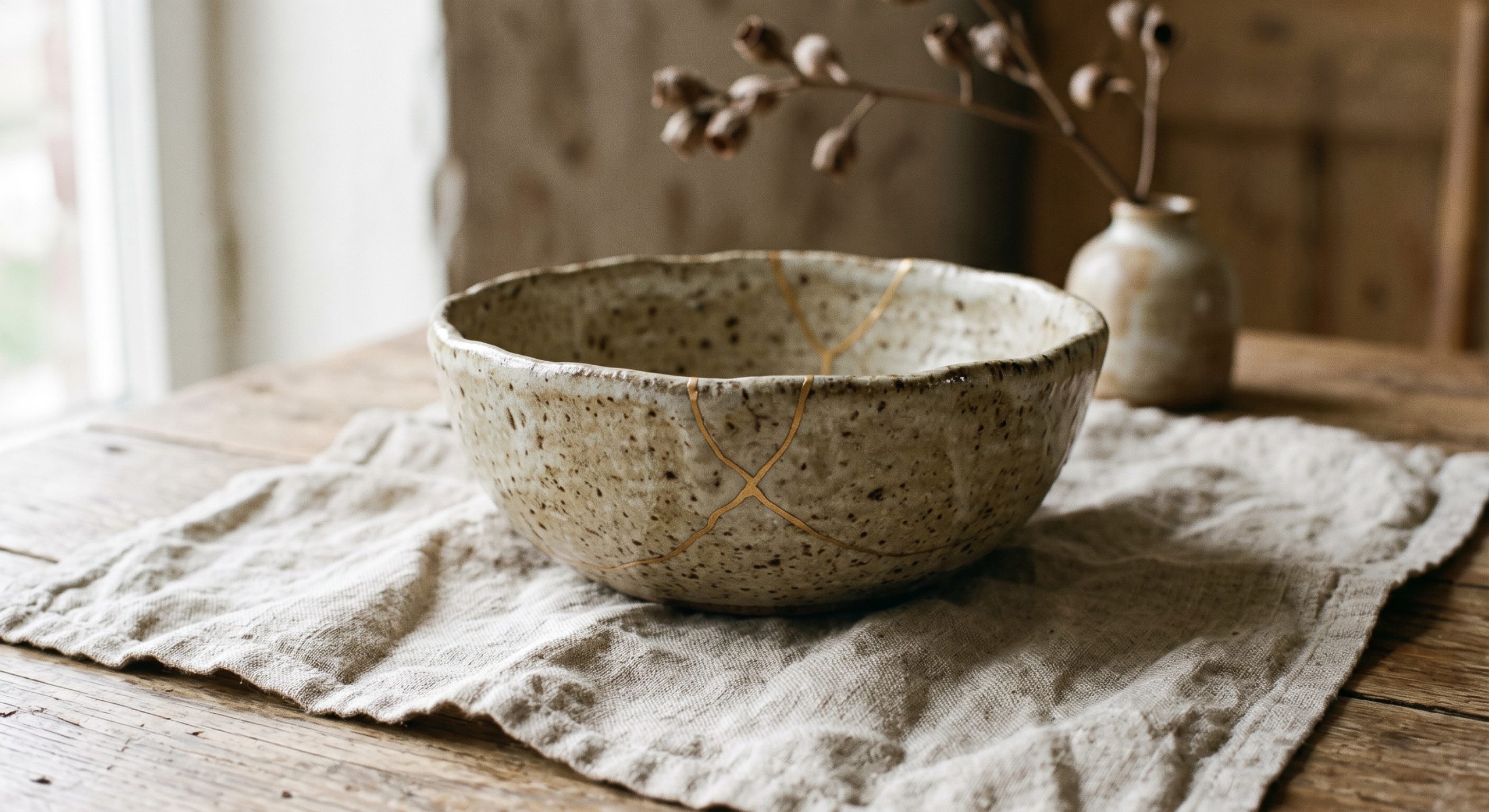 Handmade ceramic bowl with an uneven rim and a fine gold-repaired crack on rumpled linen