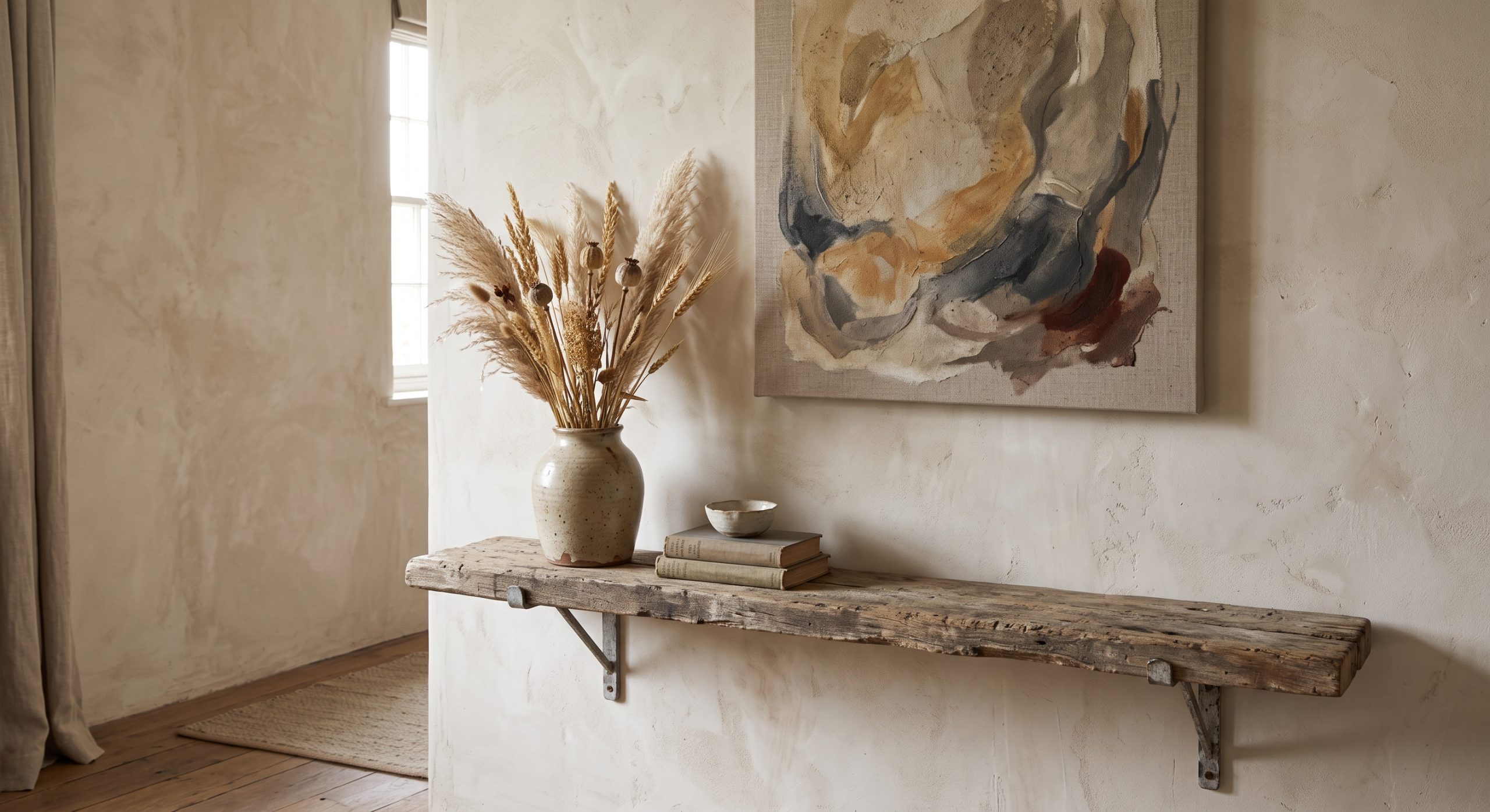 Quiet room with a weathered wooden shelf, a handmade vase with dried grasses and a textured imperfect artwork