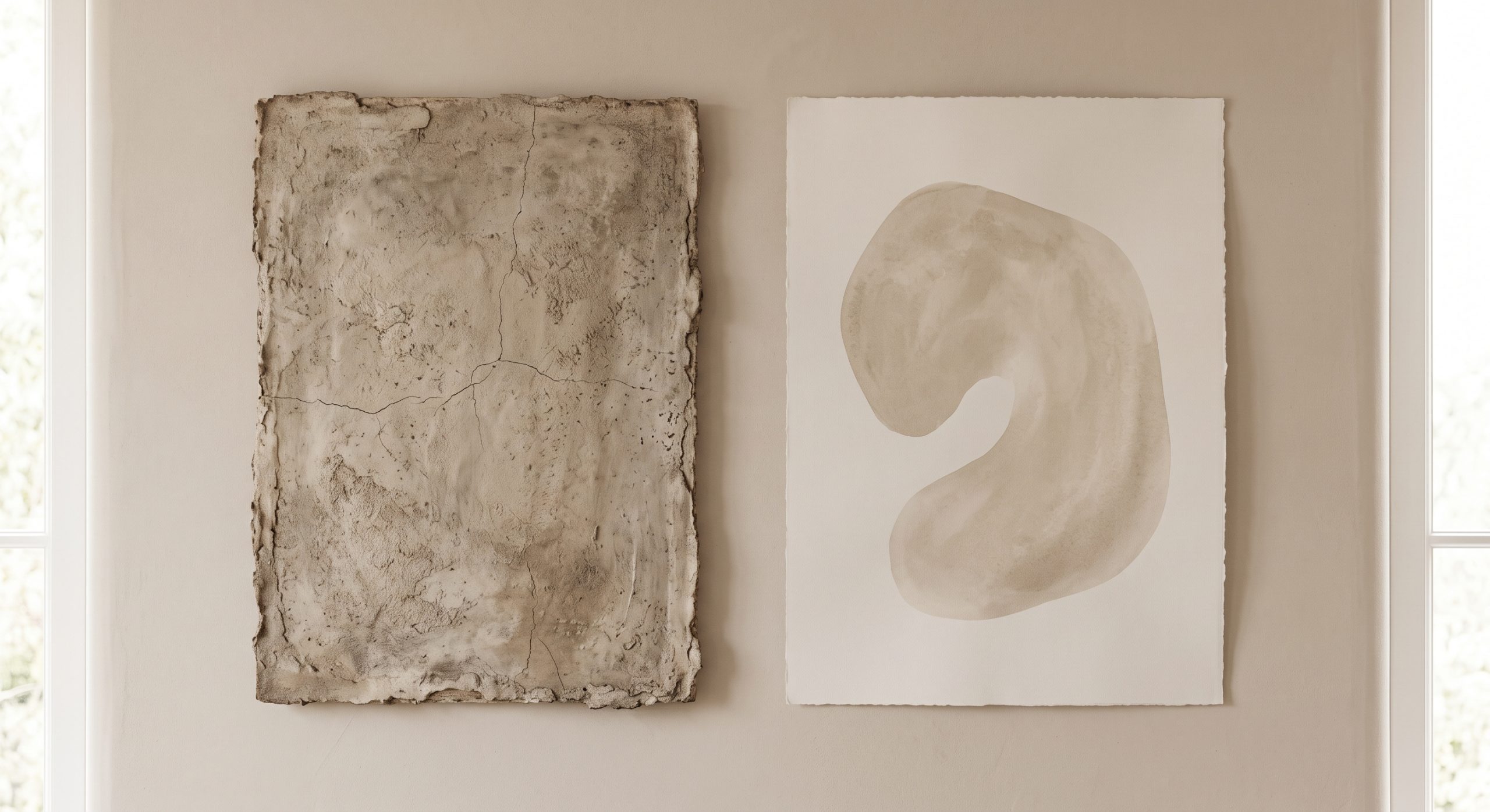 A weathered wabi-sabi artwork beside a calm refined Japandi artwork on a plain wall