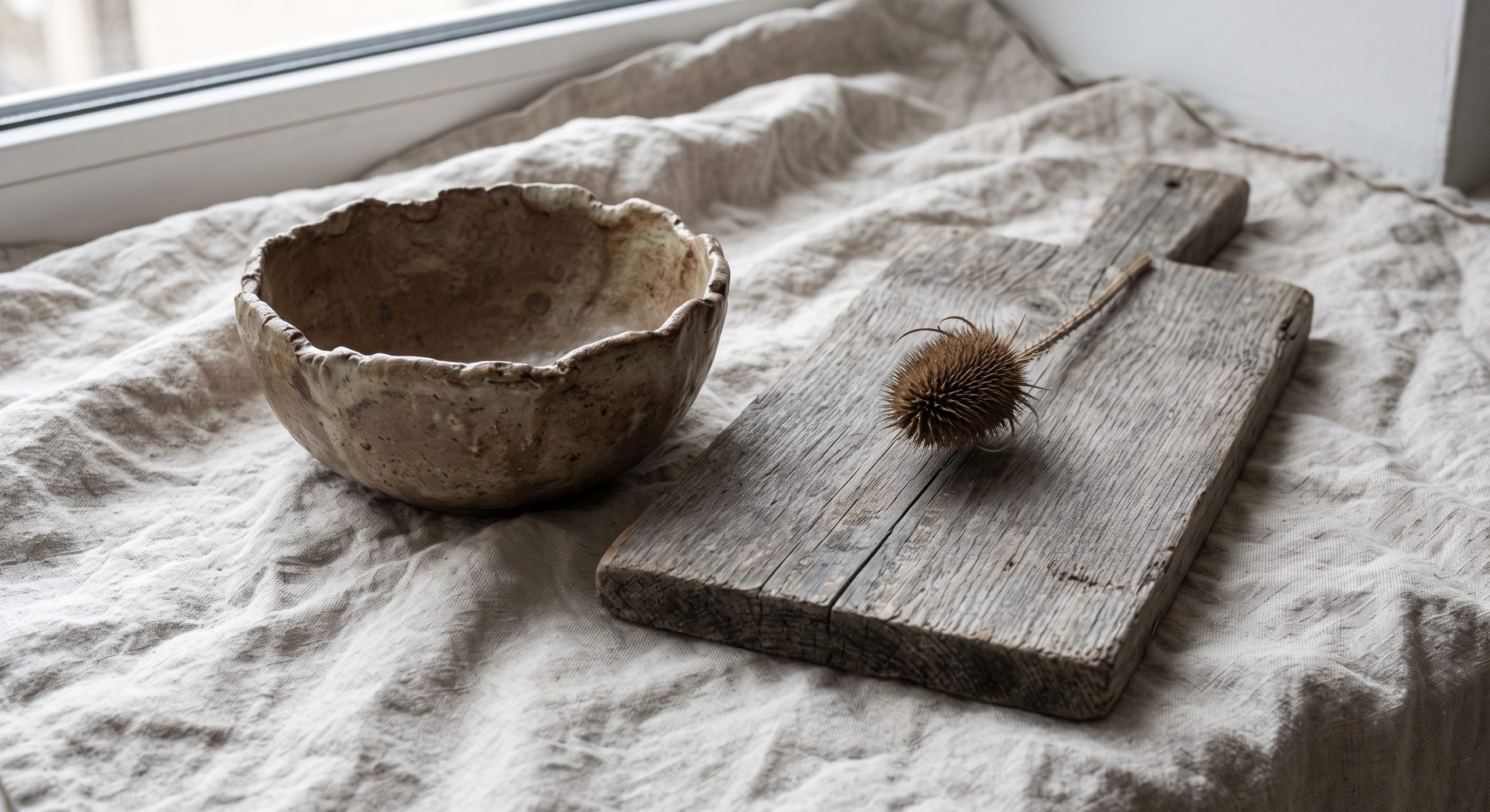 Still life of a rough clay bowl, weathered wooden board and dried seed head on rumpled linen