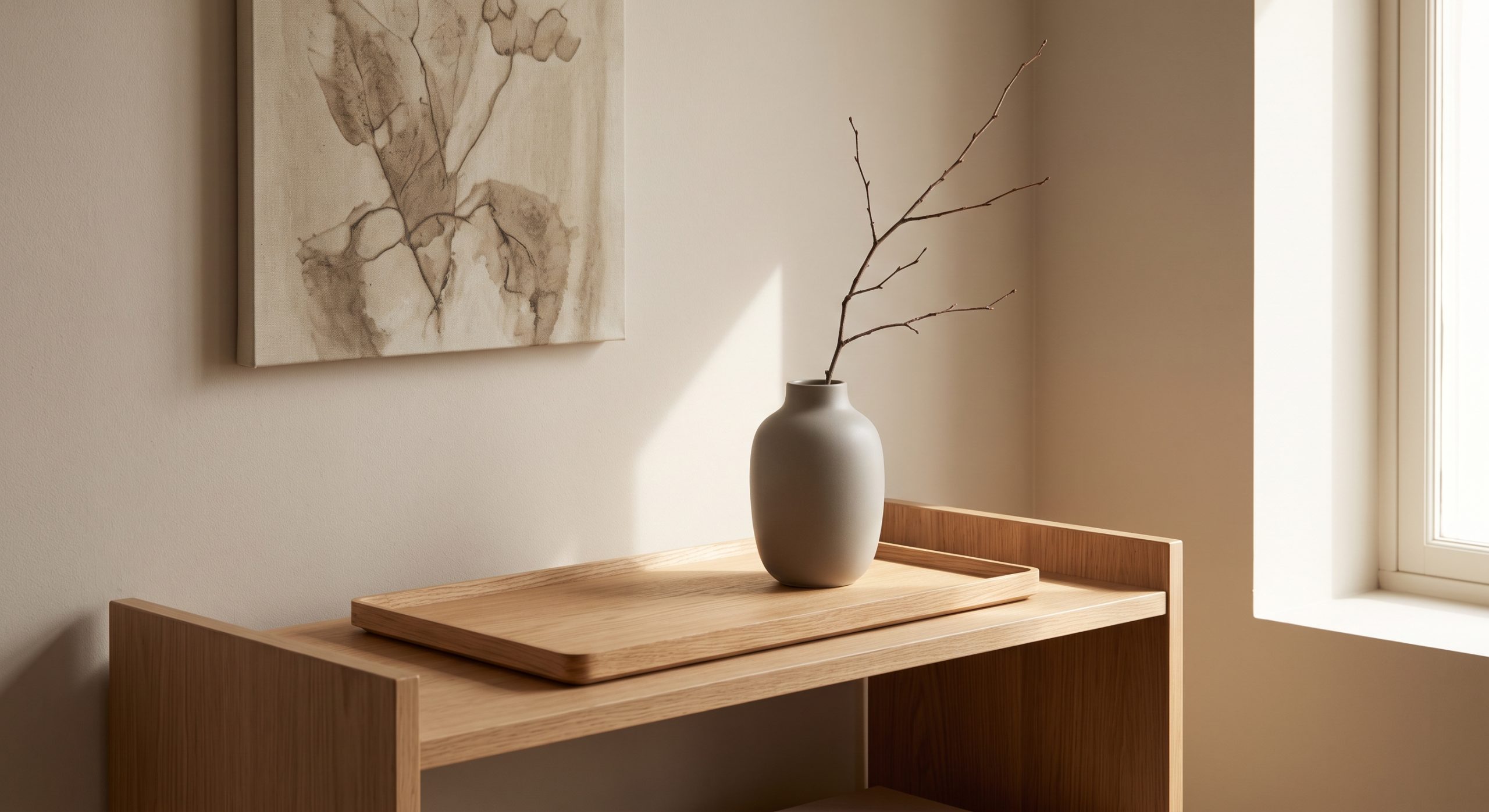 Styled Japandi shelf with an oak tray, a refined ceramic vase with a single branch and a subtle artwork