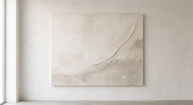 Neutral textured abstract artwork in ivory, oatmeal and soft taupe with one gentle sweeping gesture