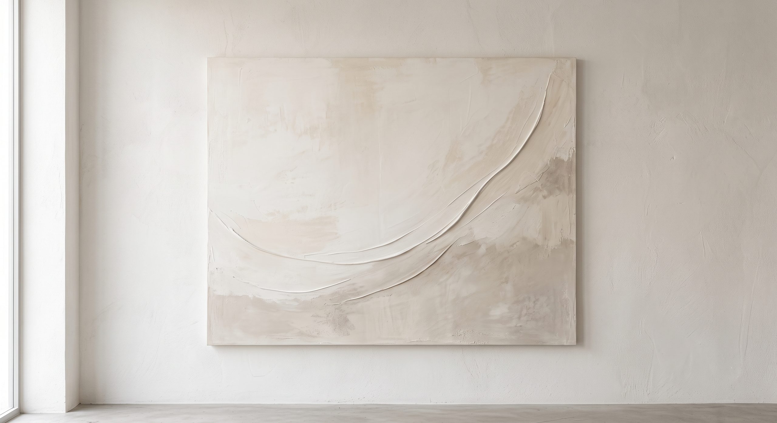 Neutral textured abstract artwork in ivory, oatmeal and soft taupe with one gentle sweeping gesture