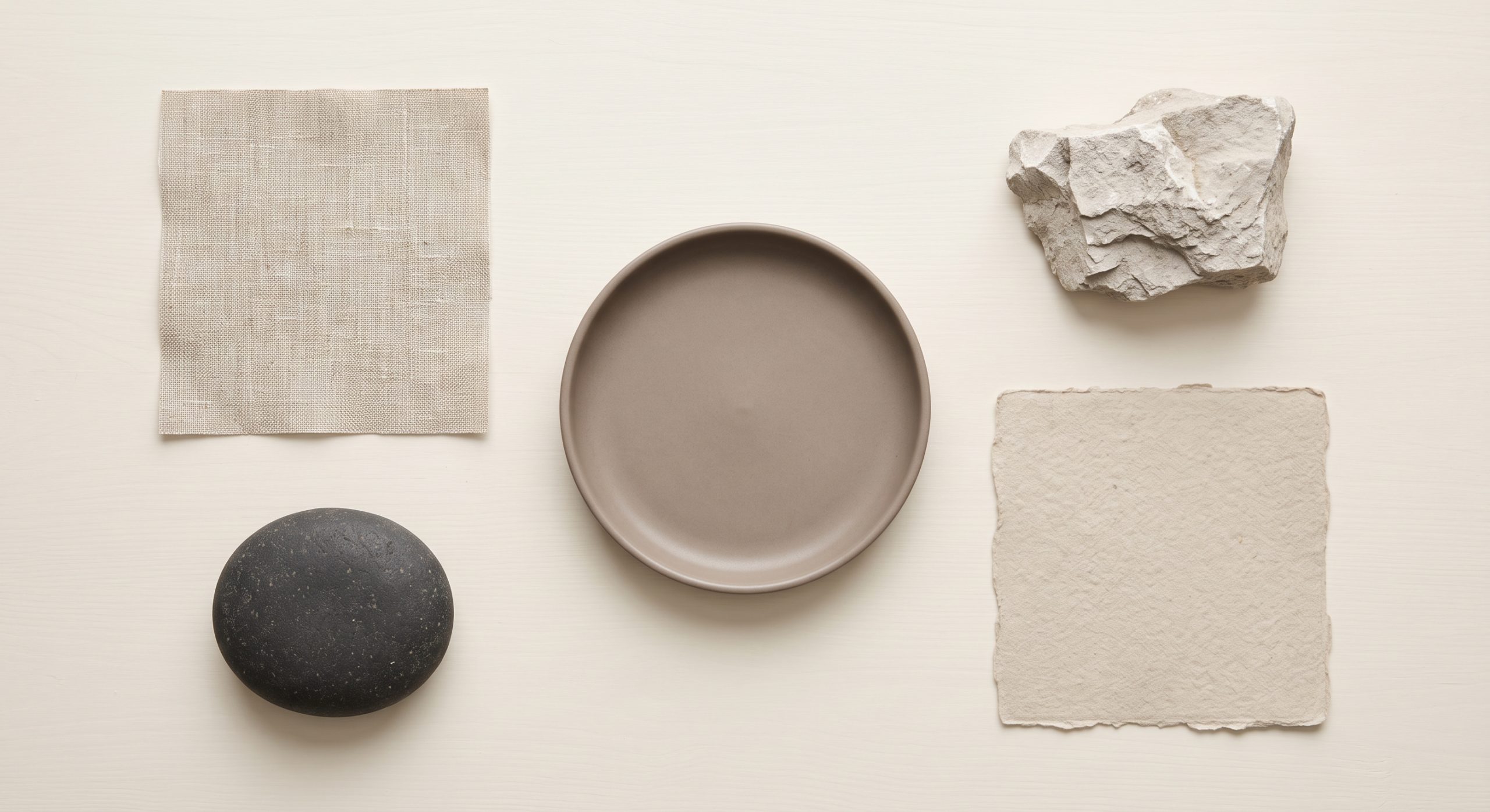 Flat lay of neutral materials: linen, pale limestone, oat paper, a taupe dish and a charcoal stone