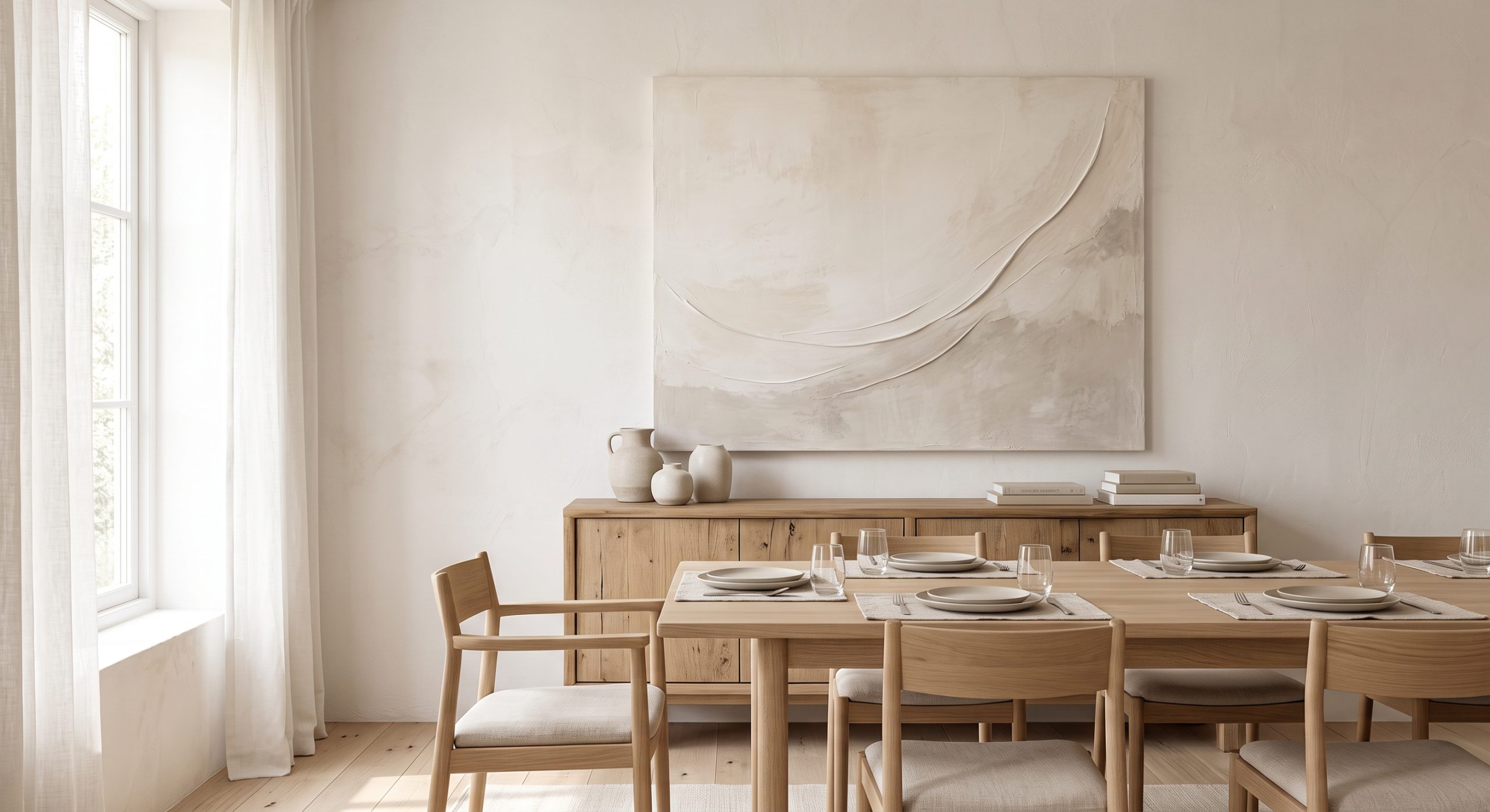 Calm neutral dining room with a single large neutral abstract artwork above an oak sideboard
