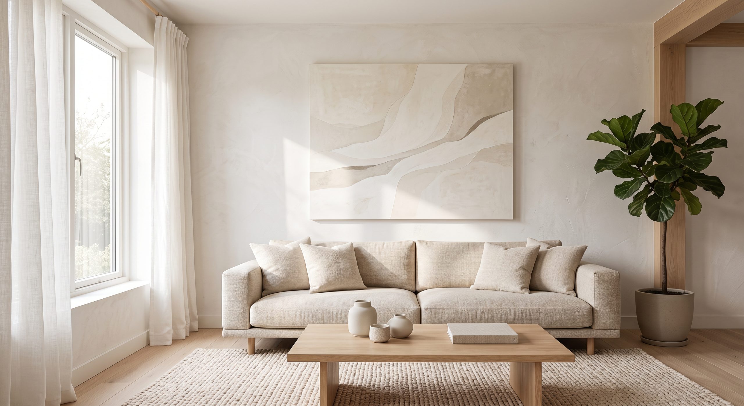 Serene neutral living room with a large neutral abstract artwork centred above a low linen sofa