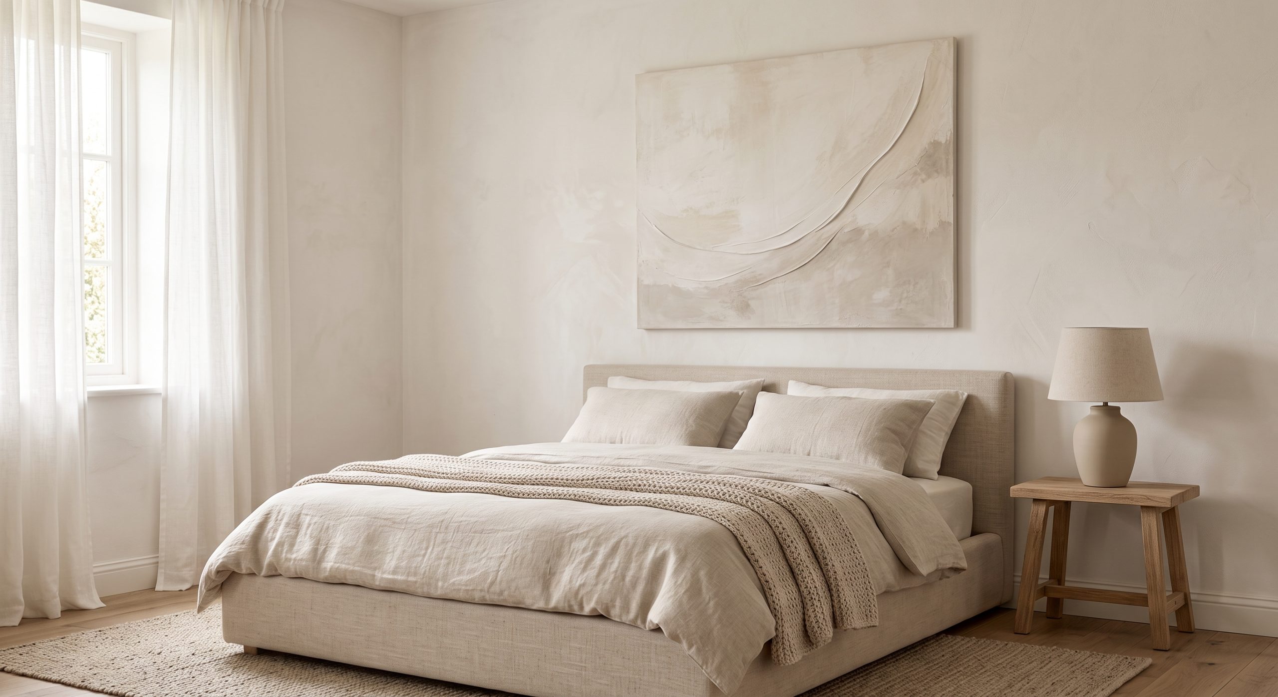 Calm neutral bedroom with a soft neutral abstract artwork above a low linen bed
