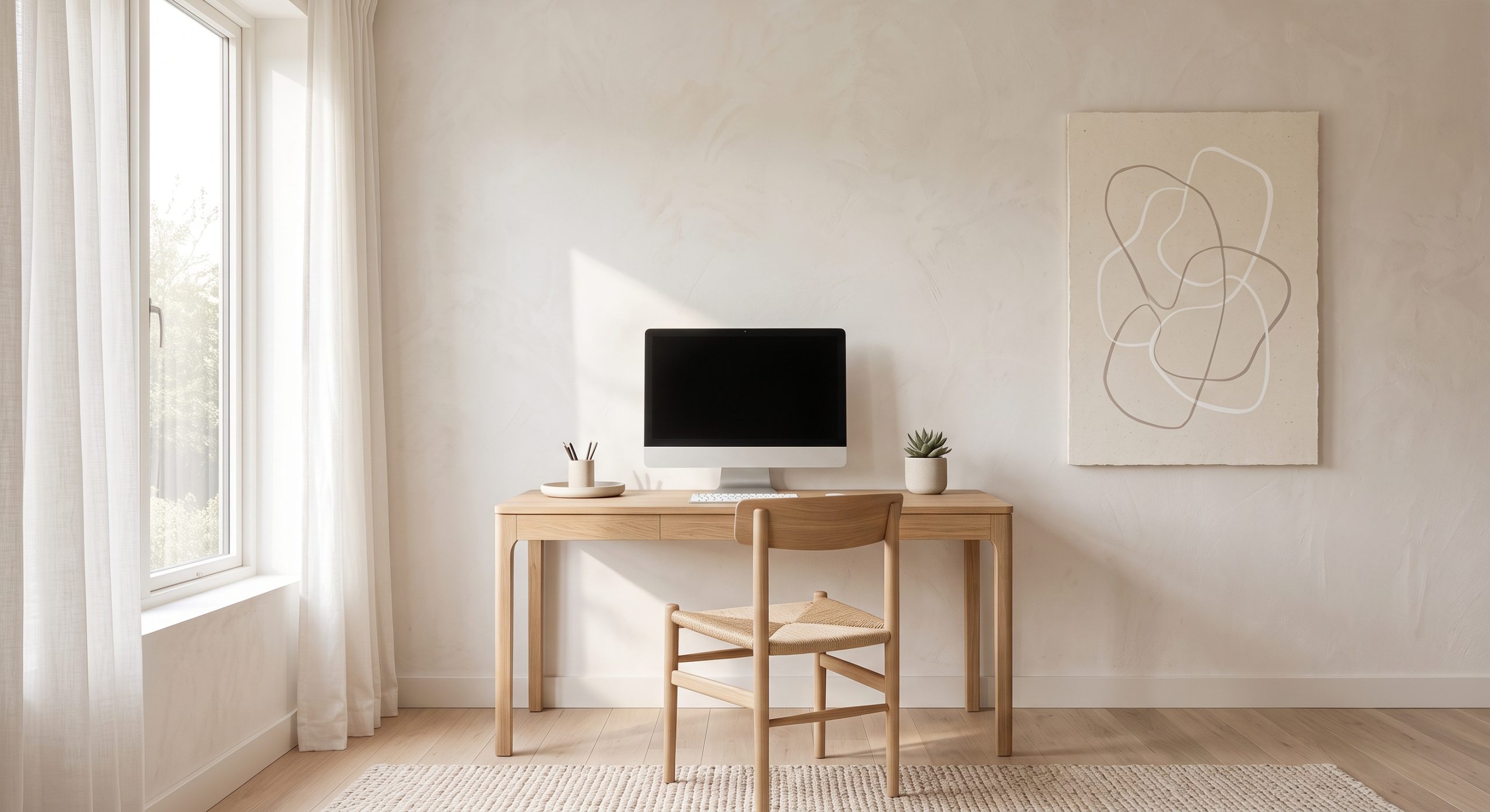 Quiet neutral home office with a slim oak desk and a delicate neutral line art piece on the wall