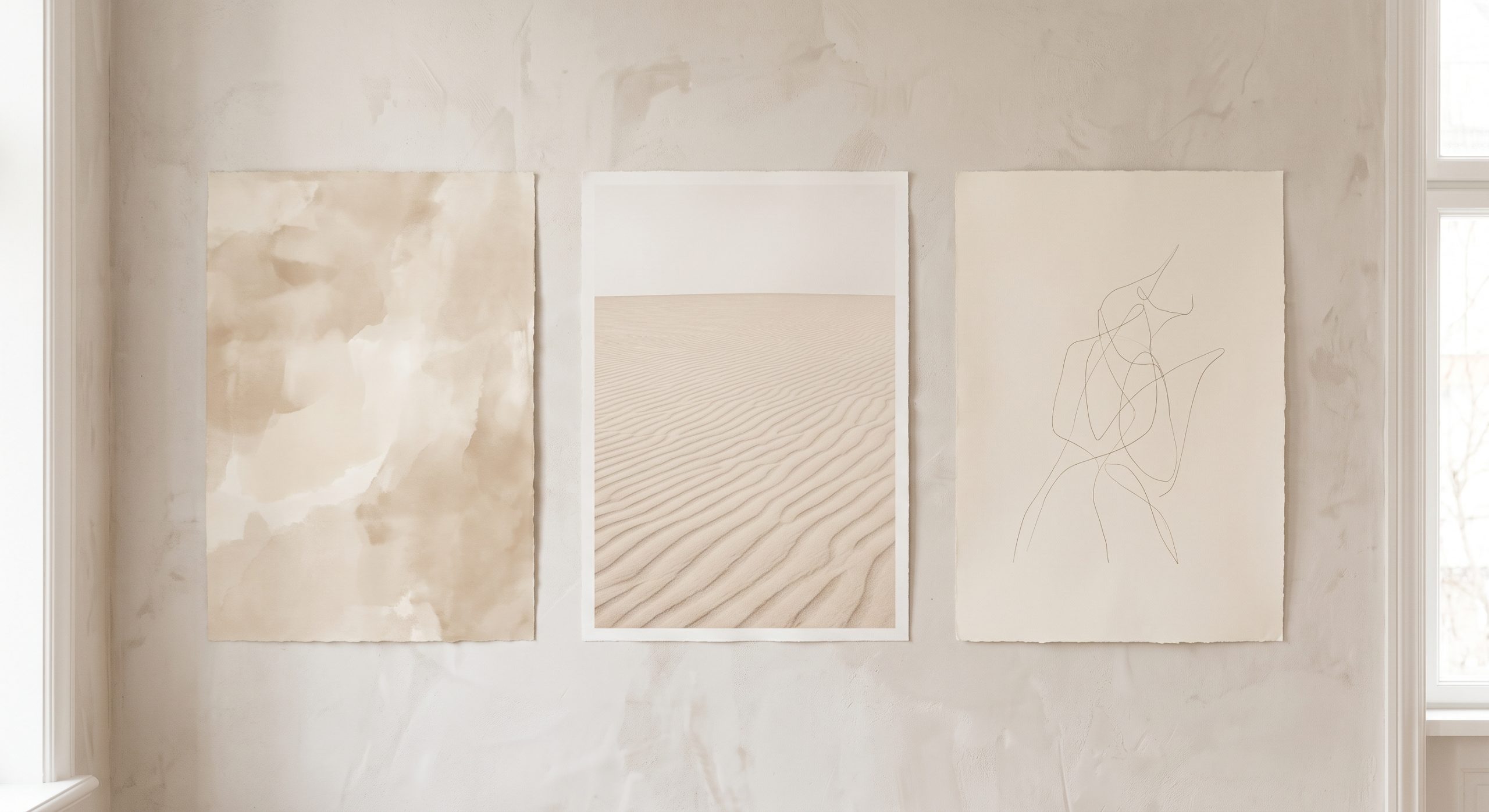 Three beige artworks hung together: a soft abstract, a sand-dune photograph and a fine line drawing