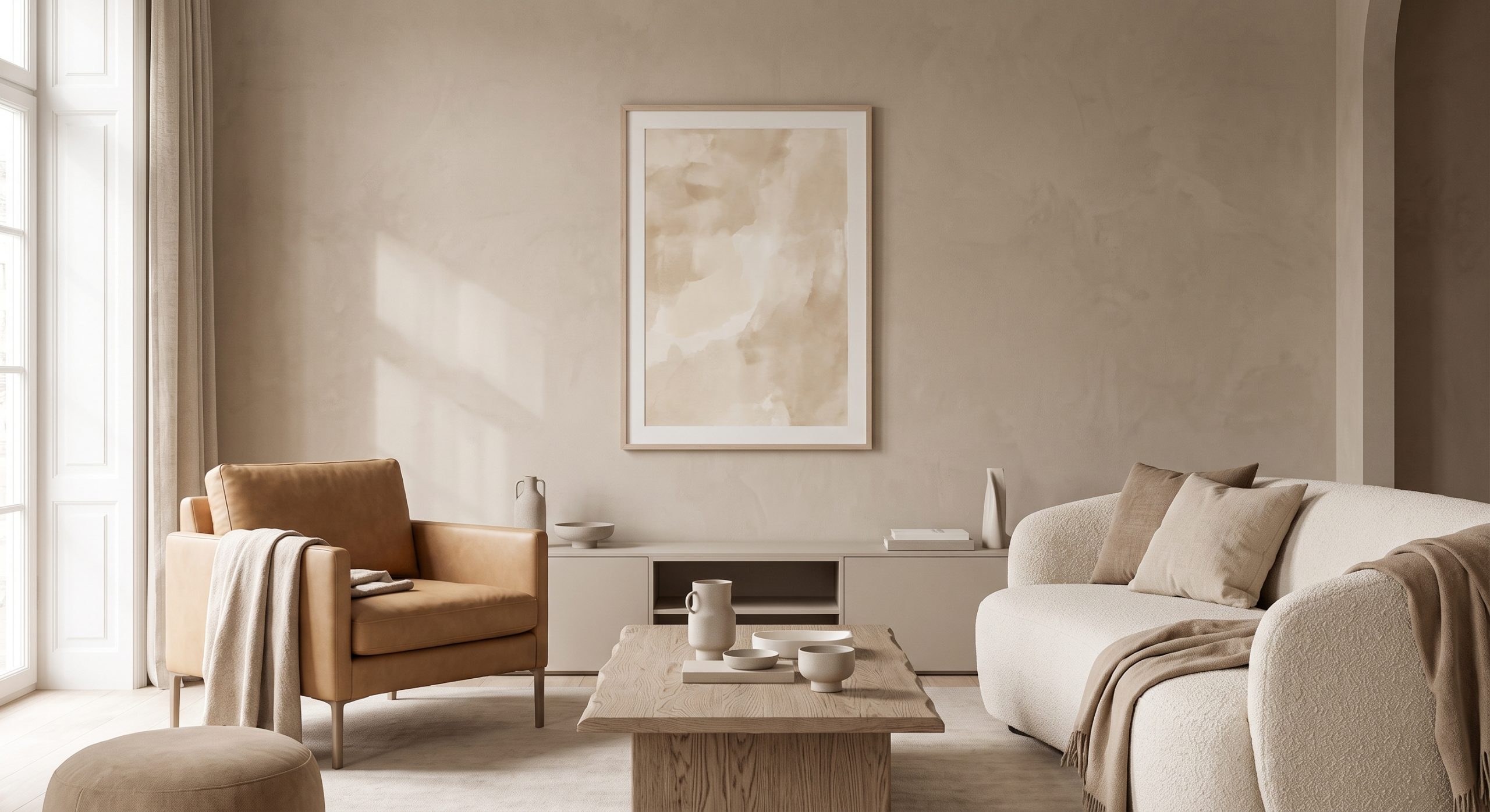 Sophisticated living room with beige art in a pale oak frame on a warm beige plaster wall