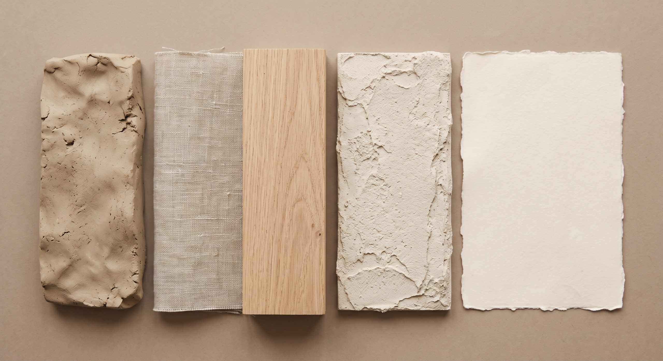 Flat lay of warm neutral textures: raw clay, oatmeal linen, pale oak, lime plaster and handmade paper