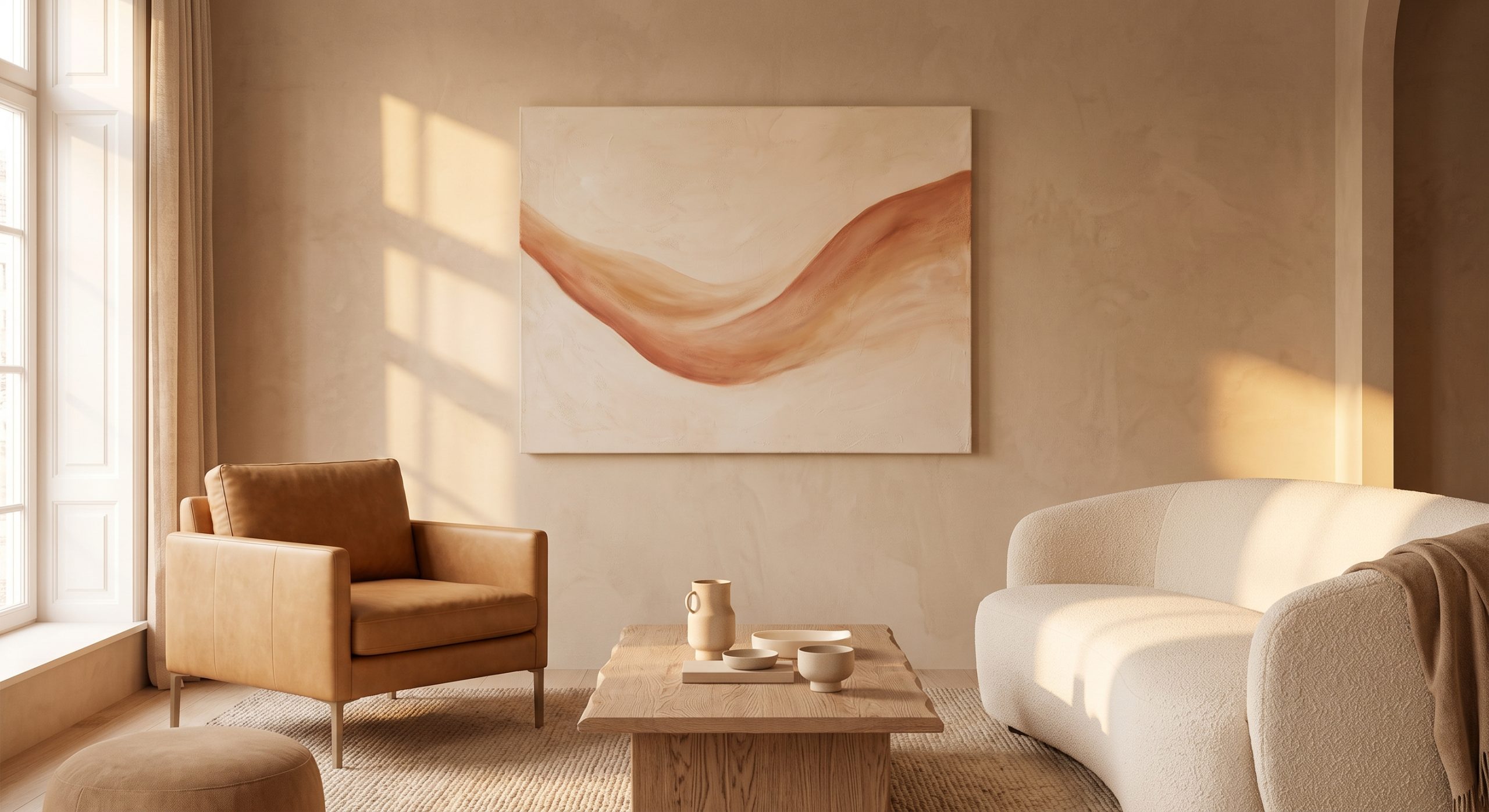 Warm neutral living room with a caramel leather chair, cream boucle sofa and a warm neutral abstract artwork