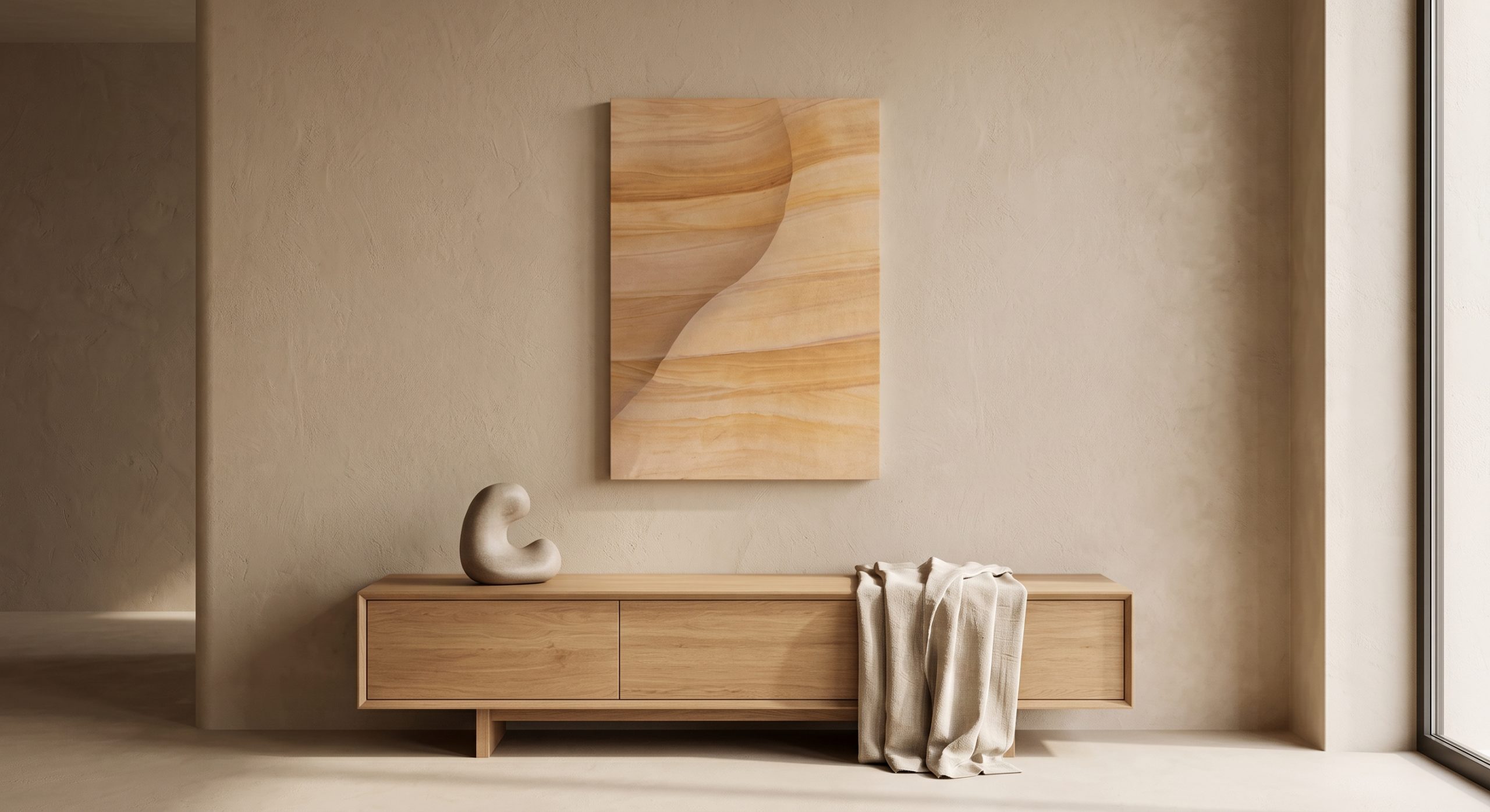 Modern interior with a sandstone-toned abstract artwork above an oak console with a small stone sculpture