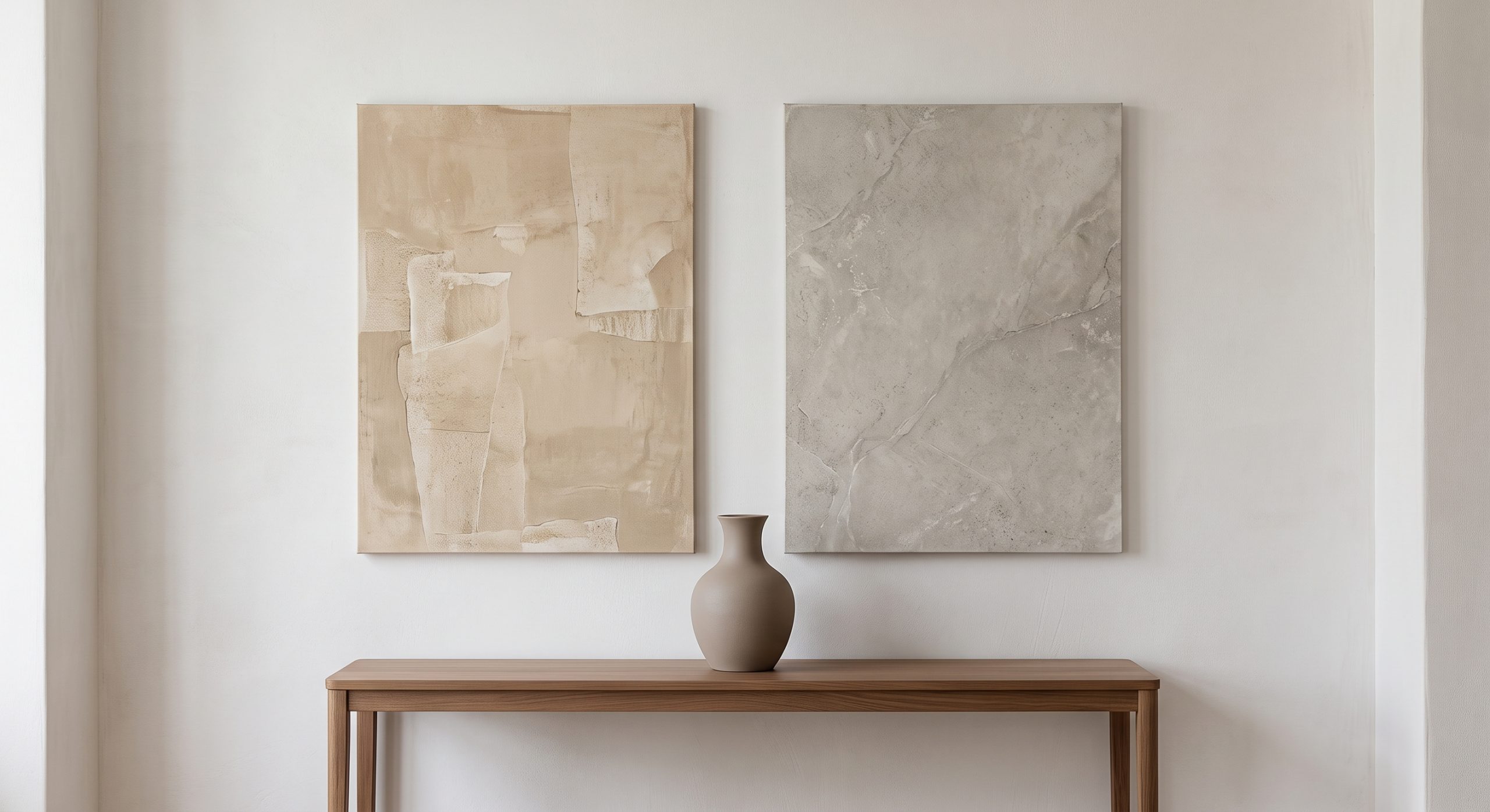 Living room wall with two neutral artworks in warm beige and cool greige above a console, tied by a taupe vase