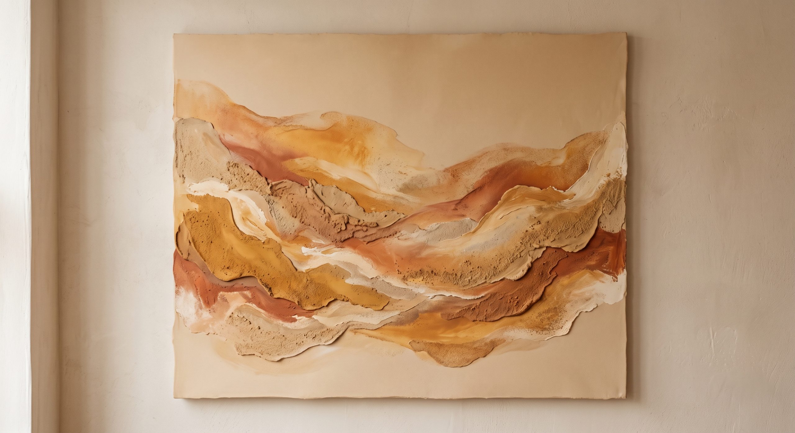 Abstract artwork demonstrating a warm analogous colour scheme in layered sand, clay and soft ochre tones
