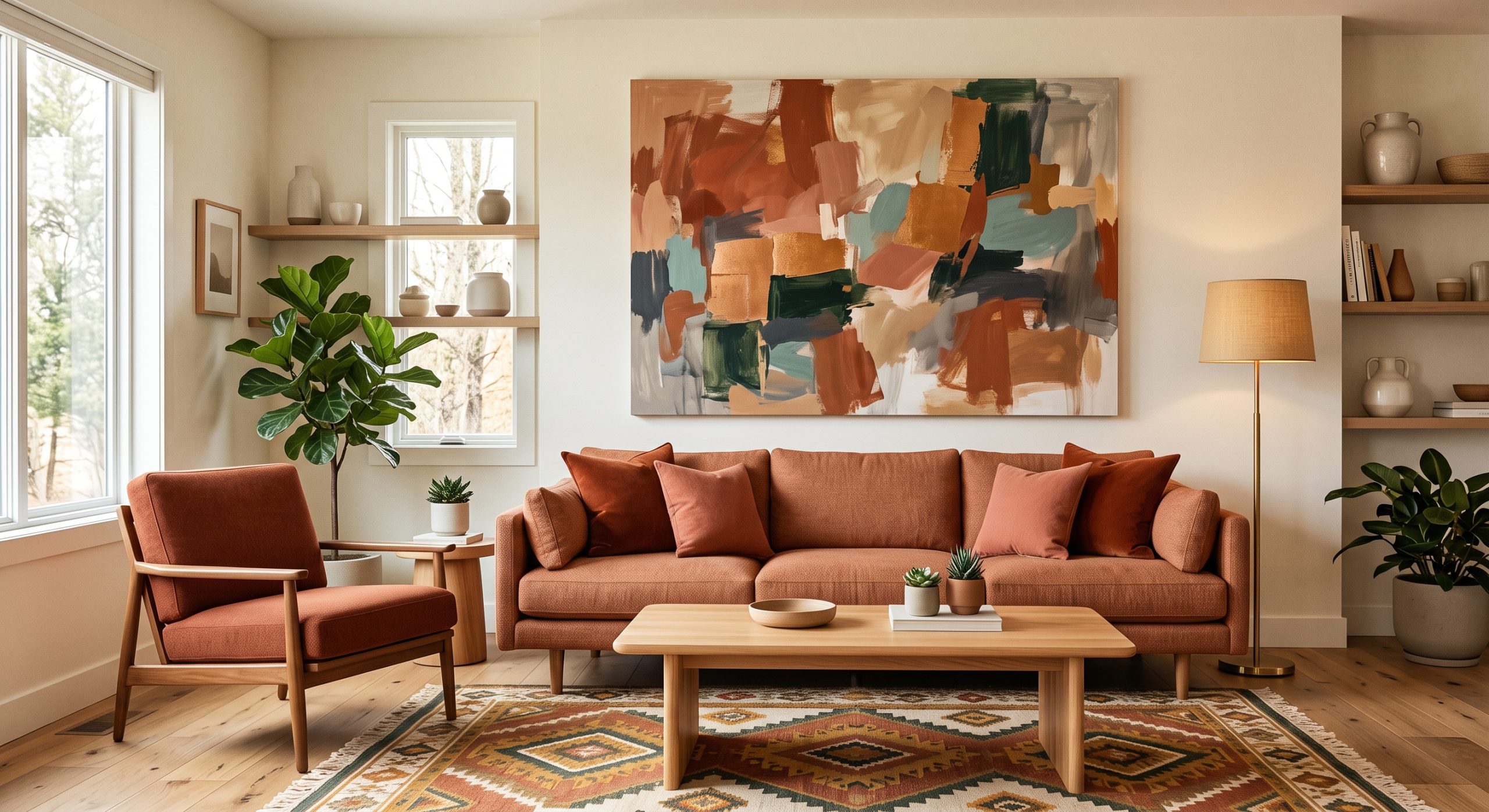 Living room with warm clay-toned furnishings and an abstract artwork echoing the room's colour scheme