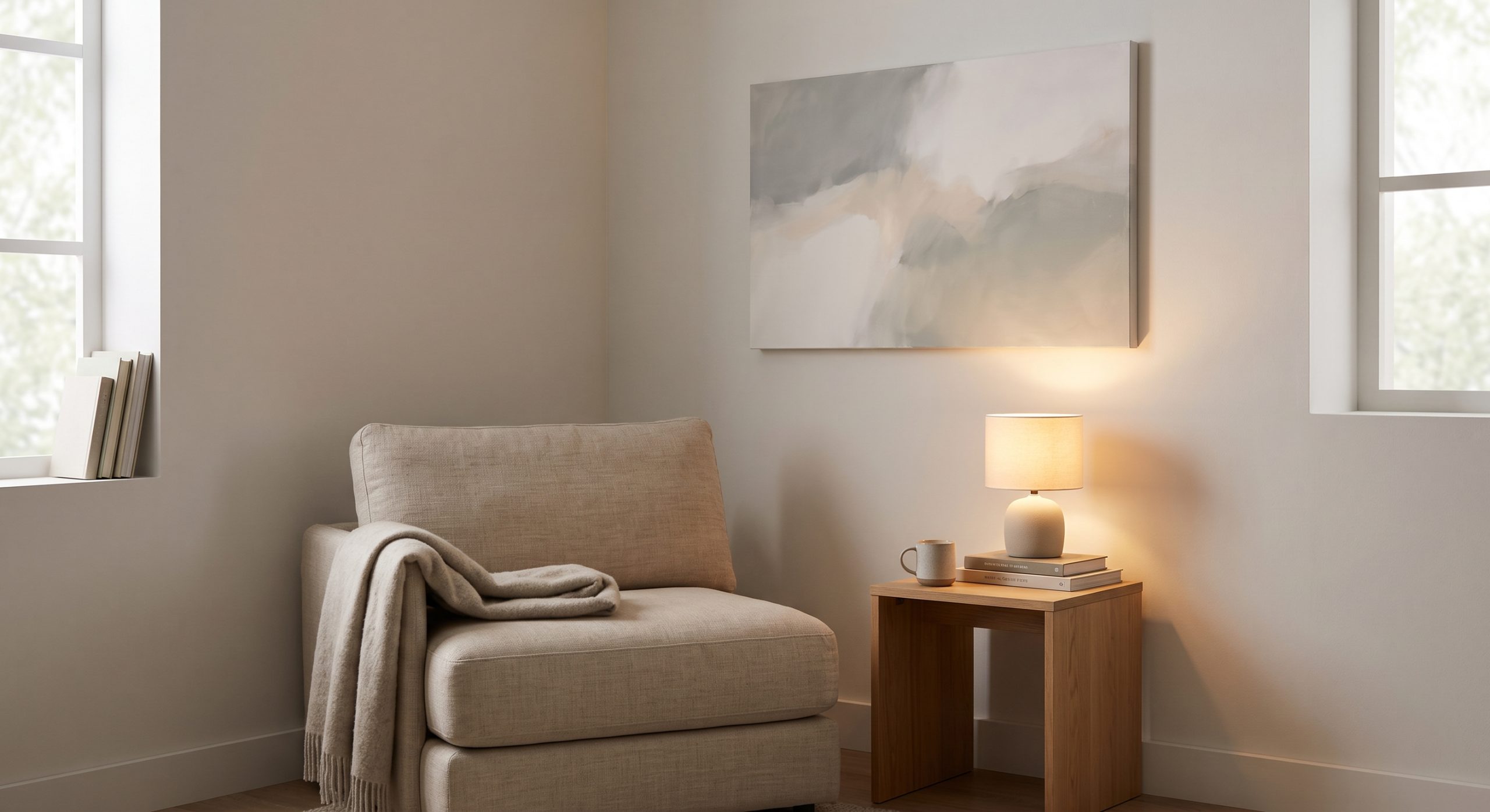Peaceful reading nook with a low linen armchair, a wool throw, an oak side table and a calm soft-toned abstract artwork
