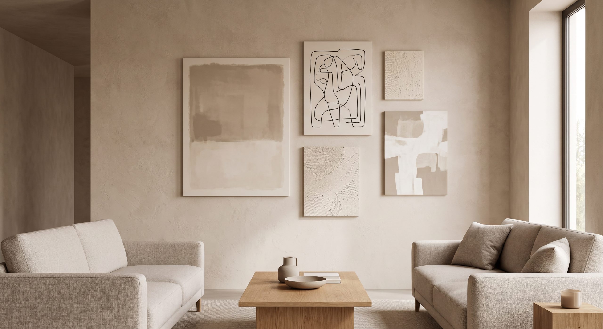 Modern living room with a curated gallery wall of five unframed neutral artworks in varied sizes