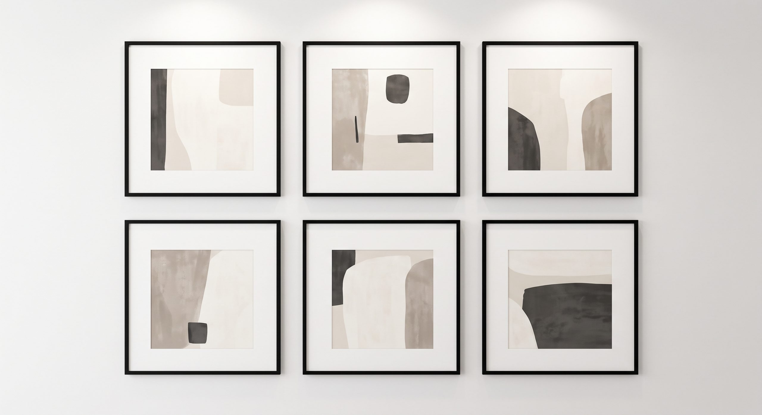A precise grid gallery wall of six identically sized square artworks in slim black frames