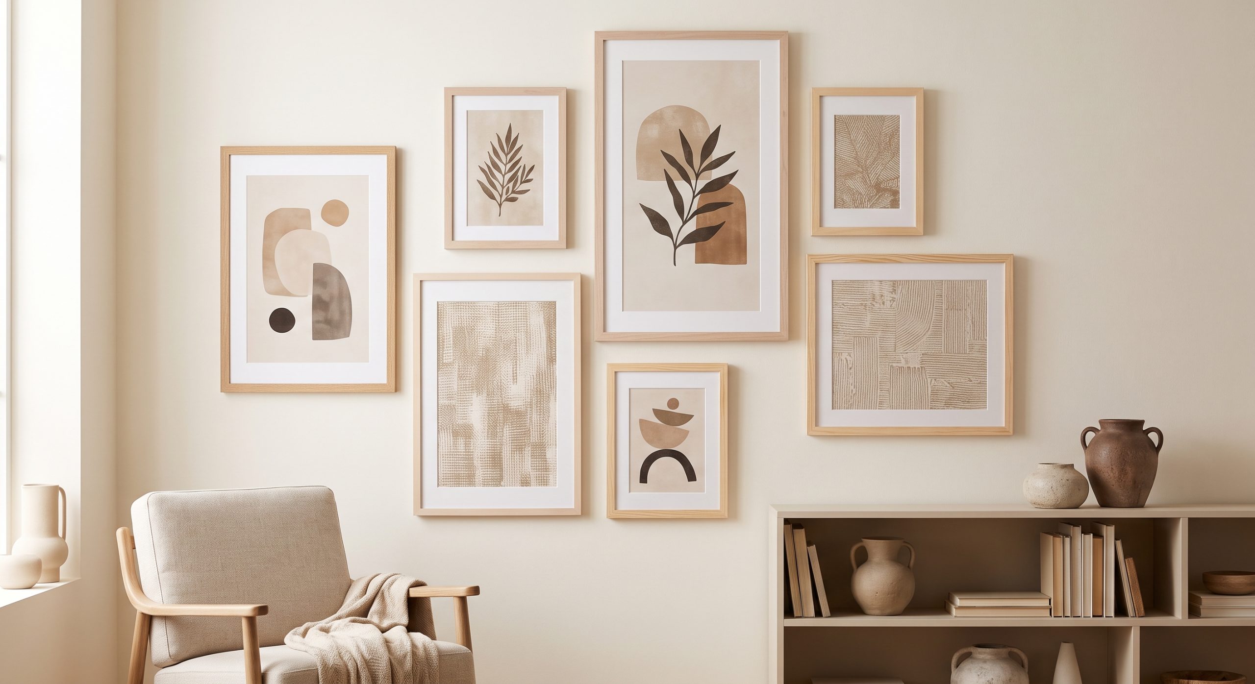 A relaxed salon-style gallery wall with eight artworks of mixed sizes and pale wood frames