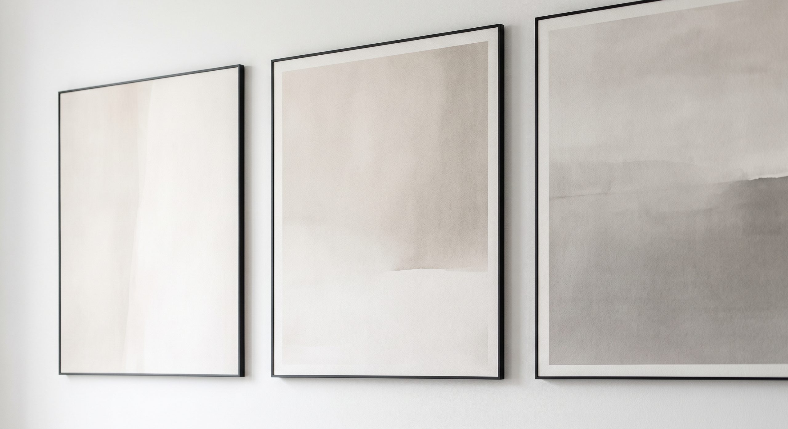 Three neutral artworks side by side showing subtle tonal cohesion in warm white, oatmeal and soft grey