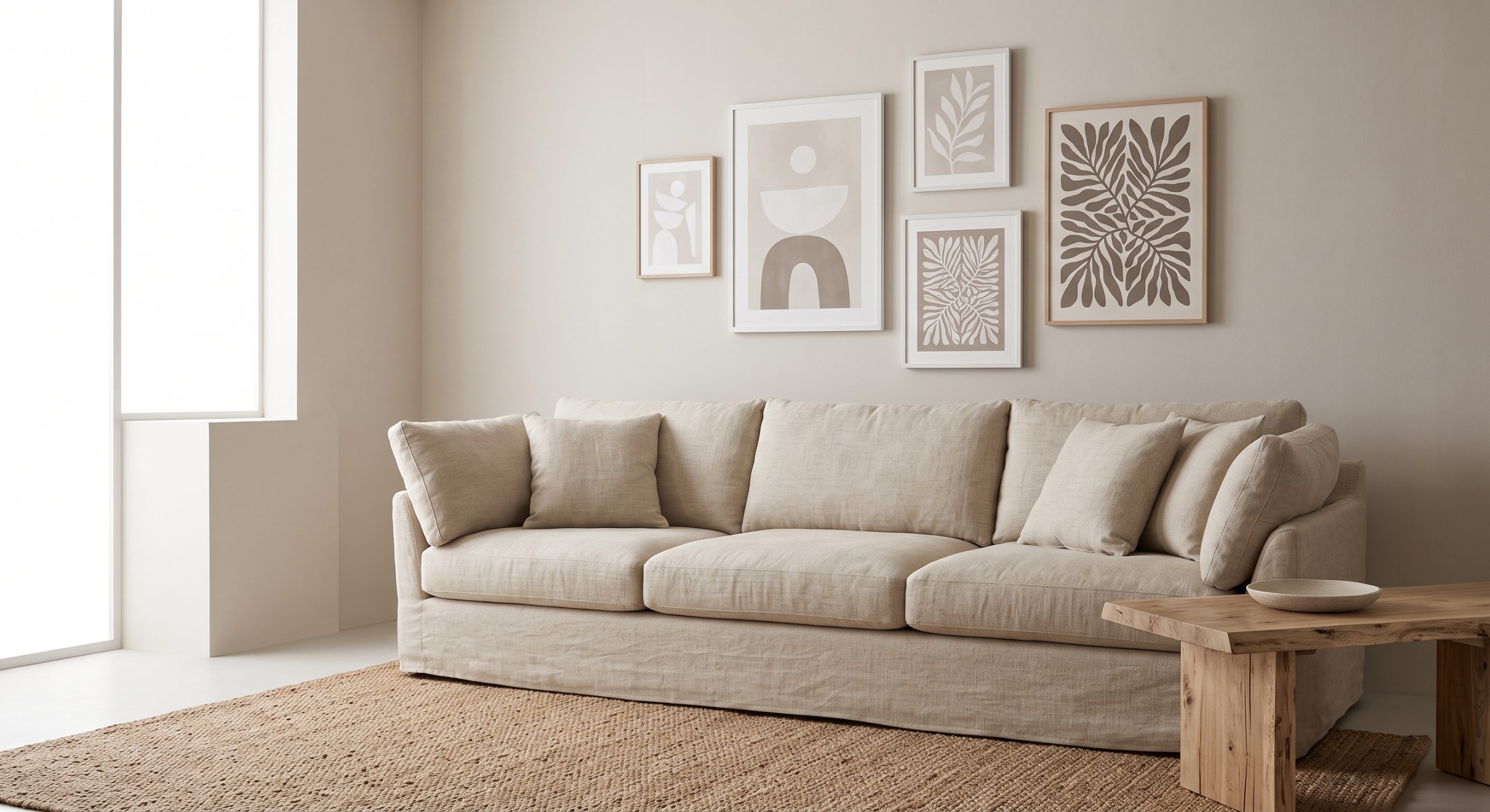 Calm neutral living room with a gallery wall of five pieces above a linen sofa