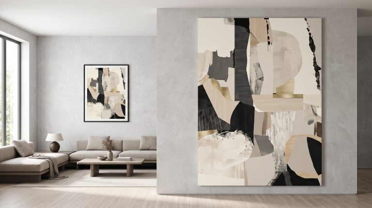Large living room wall showing the same abstract artwork composition at two different scales side by side