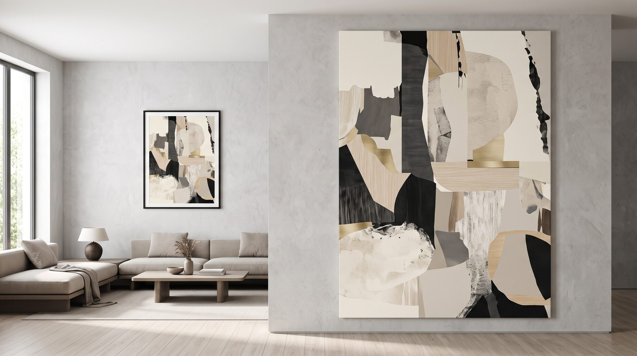 Large living room wall showing the same abstract artwork composition at two different scales side by side