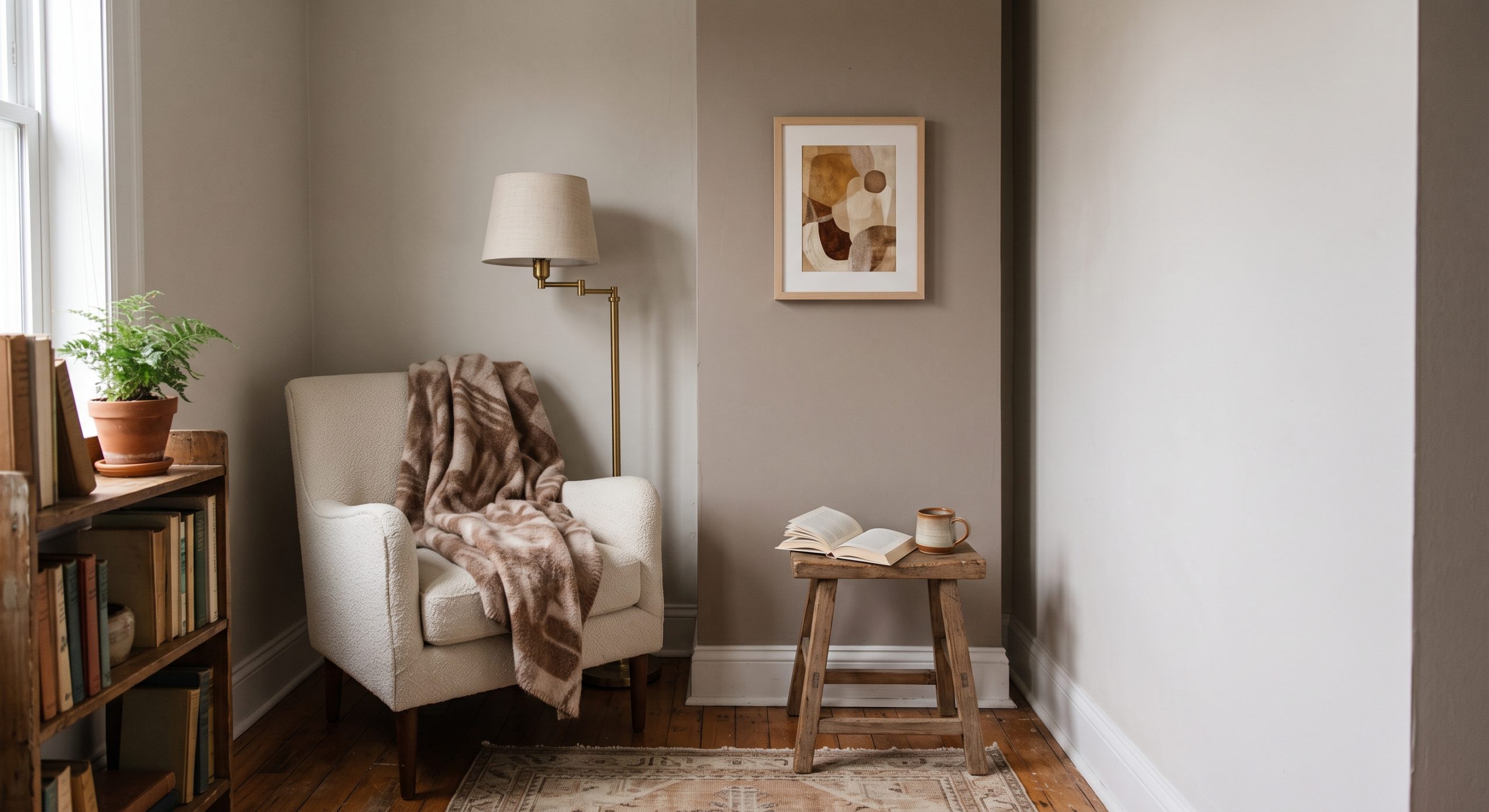 Small cosy reading nook with a single small-scale abstract artwork on a narrow wall